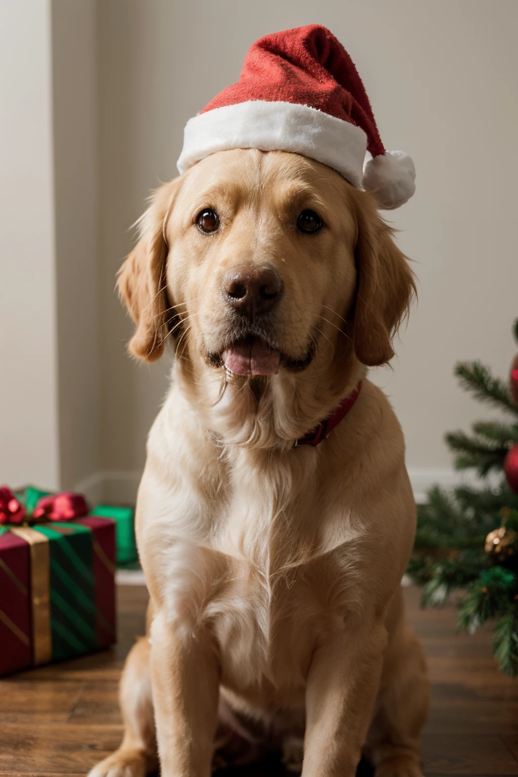 golden retriever dog with christmas hat happy