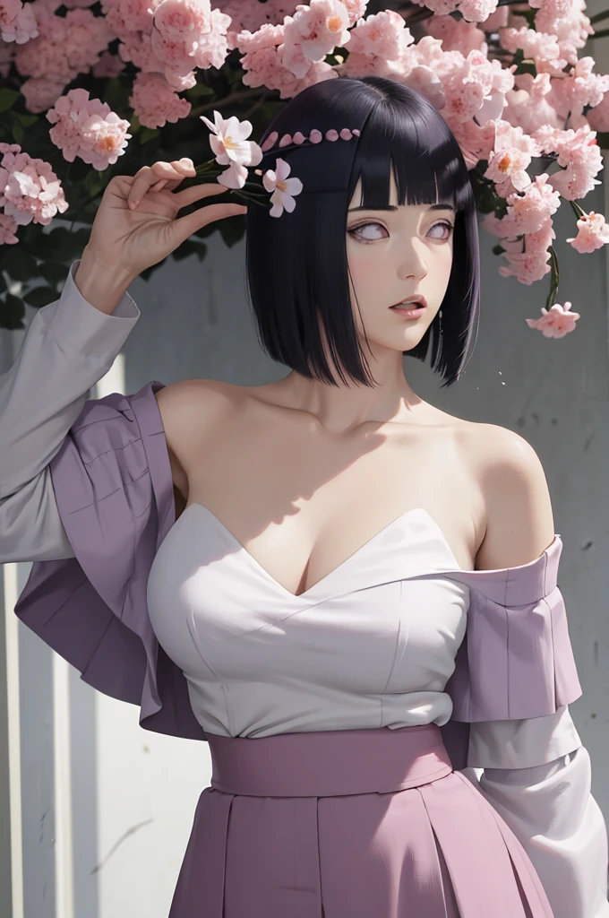 (masterpiece) (huge titusty, masterpiece, absurdres, hinata\(boruto\), 1girl, solo,mature female, off-shoulder bra, high waist short skirt, looking at viewelling petals), perfect composition, detailed lips, big breast, beautiful face, body propotion, blush, (pink lips), short hair,  purple eyes,  soft gaze,  super realistic, detailed, photoshoot, realistic face and body, dancing lightly, lilac eyes,