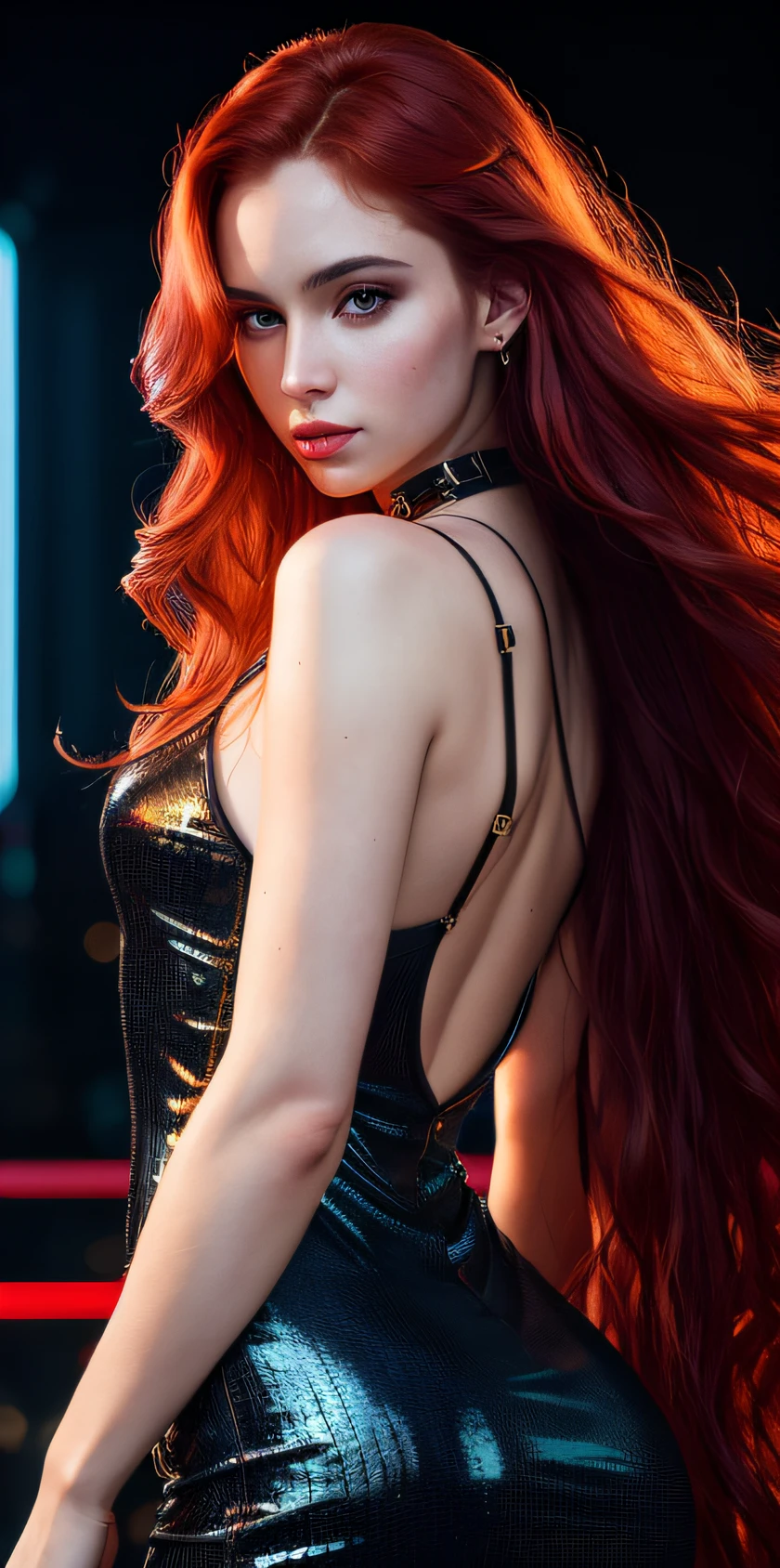 masterpiece, Ultra realistic, 16k, high quality, incredibly detailed, dream aesthetic, nightmare atmosphere, cinematic, work of art, (sharp focus: 1.5), (photorealistic: 1.3), featured (Beautiful red-haired girl), Rias Gremory (from high school DxD), cinematic, detailed, 4k sharp focus, realistic. Gorgeous. goth makeup. Seductive. Long red Messy hair (messy fringe), framing her pale, (pale-white skin) alabaster skin that seems to glow ethereally. Her attire is goth. Voluptuous form. Turquoise blue eyes (intense eyes look). A symmetrical face ::2 goth clothes + trending on artstation + fantasy art + realistic cloth + fractals in the background, flowing hair --aspect 9:21 --uplight his otherworldly beauty. realistic skin texture, pale-white skin illuminated. realistic perfect shading. absurdres, realistic textures. solo, alone, 1girl. looking at viewer. female muscular body, toned body, defined muscles. Large natural breasts, cleavage. pantyhose, (a black) darkness queen dress adorned in gold (realistic texture). In Different positions at different angles. Night background. unbelievably real, best quality, Photorealistic.