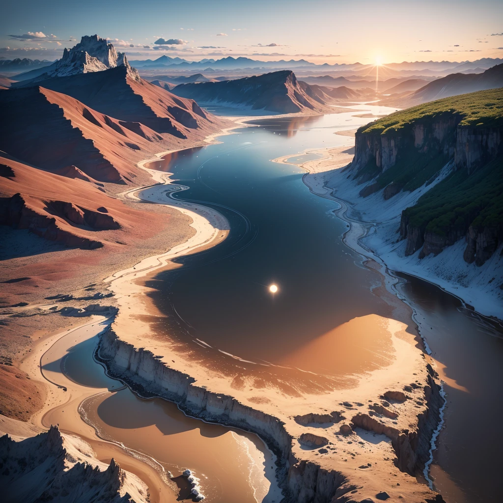 Planète , plante avatar luminescente , avec Montagnes et lac Magic Valley, Planètes、intergalactique、nuage、Et une rivière et un ciel magnifique, Un hyper-réaliste, 4K, résEau d'Images , brillant, magnifique, beau, 8k, ULTRAHD , coucher de soleil , océan d'Eau , Ultra réaliste , Soleil , Mise au point nette maximale , vue terrestre sur les espaces , Nuit , Voie Lactée , éclair
