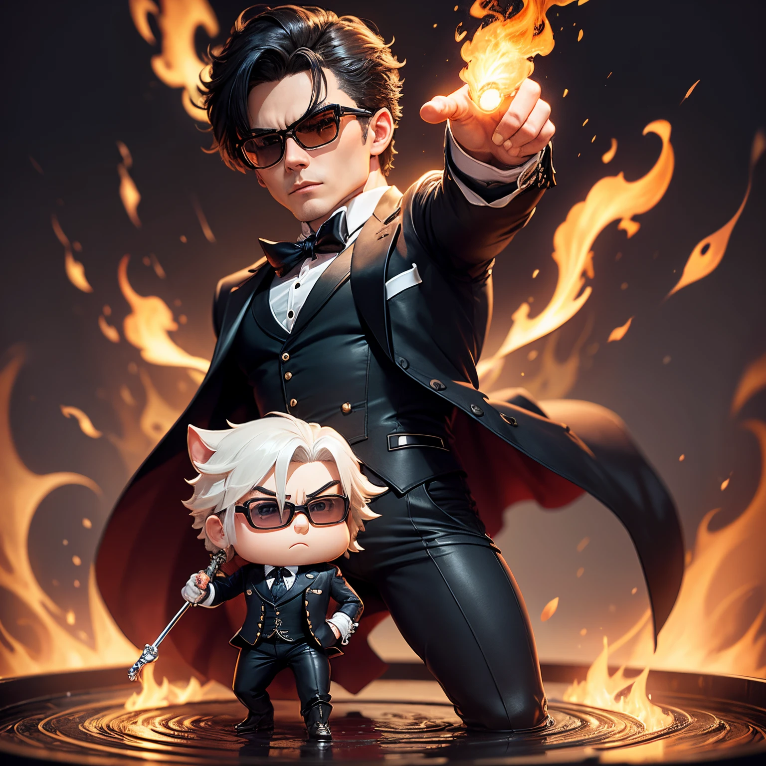 ​masterpiece、top-quality、ultra-detailliert、(chibi character dandyism:1.2),Black sunglasses,Dark Business Suit,fighting poses,Fires flames from the soldering plant and creates a whirlpool.。....、Full-body standing figure、1 male chibi character