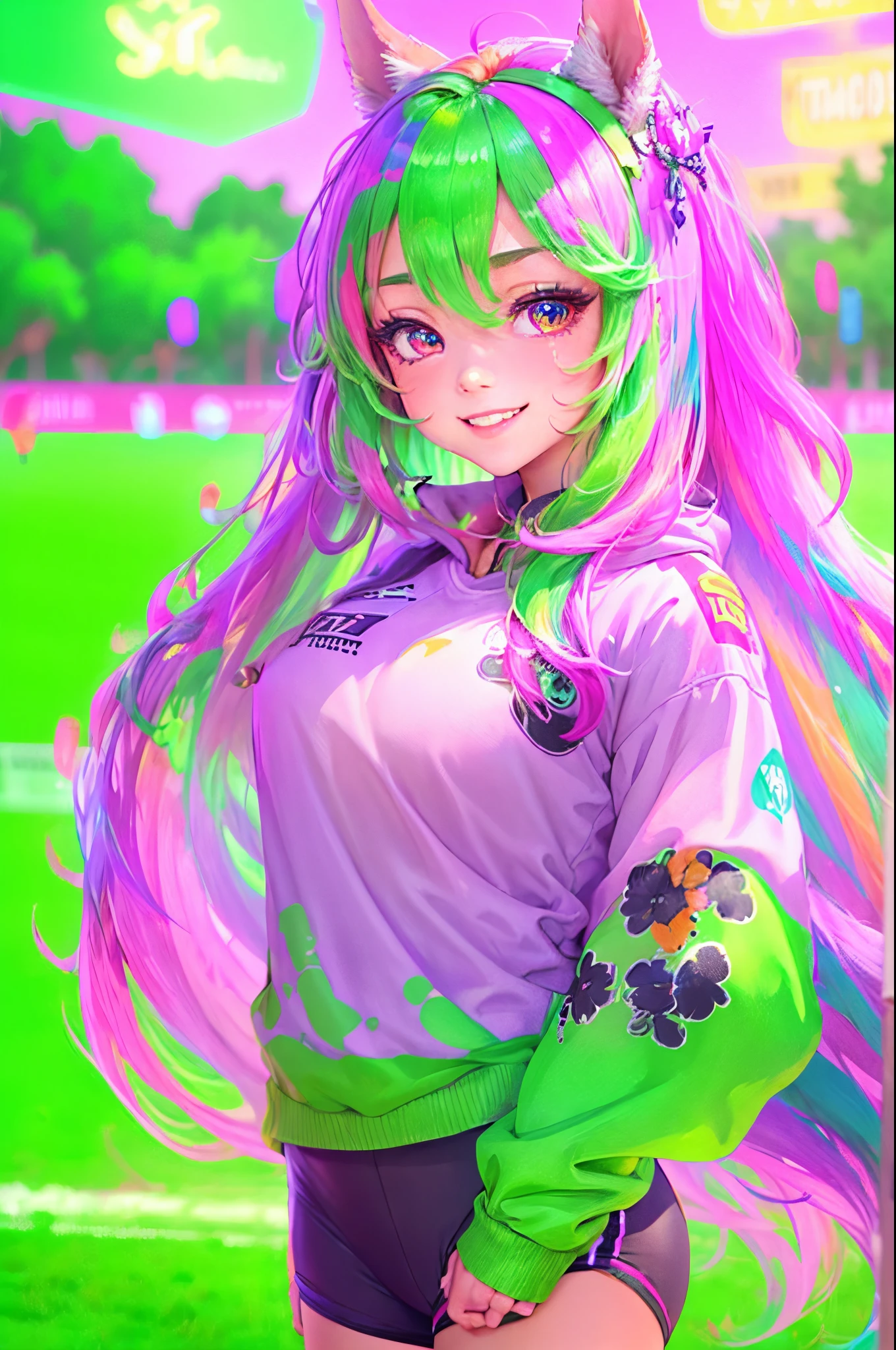 (highres:1.2),solo,girl with horse ears,smiling,back turned to the viewer,big butt,Slacks,sporty clothing,soccer field,diamond,multicolored hair,multicolored eyes.