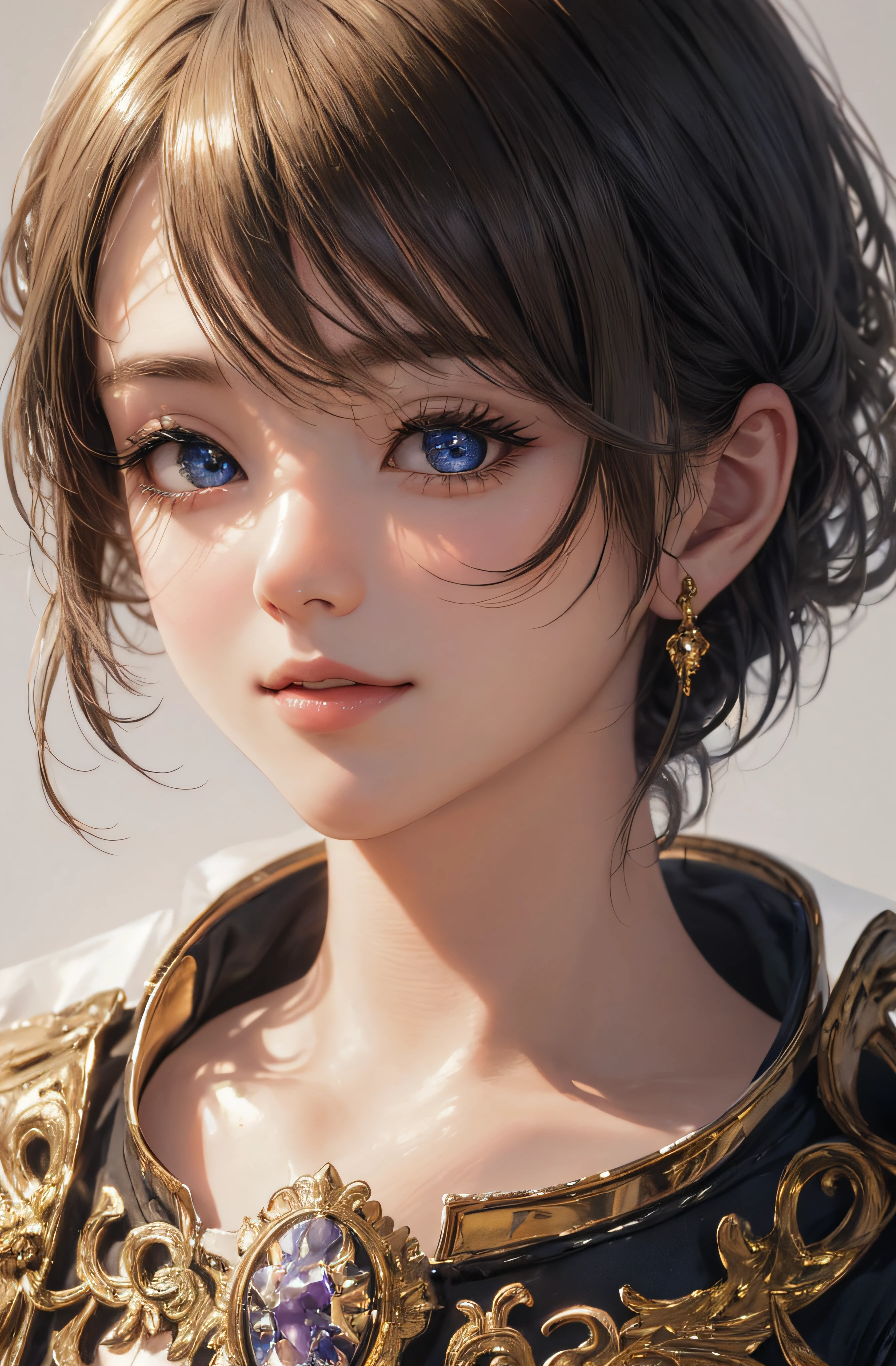 8K、realphoto、超A high resolution, Master Parts, Best Quality, nffsw , cinematic images,Lovely girl、ann、16 only、Anglo-Saxon、二重まぶた、drooing eyes、Very big eyes、Eyes purple、Dark eye shadow、The lips are very thin、The tip of the nose stretches beautifully........、the tip of the nose is small,,,,, ighly detailed , Gold Hair、Straight short hair、ssmile、 Sweet look 、a very beautiful woman、legs are long、 Very clear shadows , jewely , A sexy , A detailed eye, very intricate, shiny skins , Perfect Brilliant, Perfect Lighting, Dramatic shadows、See-through white dress