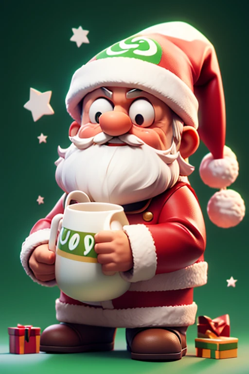 Santa Claus with a white mug in his hand next to a gooey green mascot in the shape of the letter c waving happily, imagem 3d de corpo inteiro, 1pc, olhos fofos, olhos grandes, fofos, felizes, c4d, caixas de brinquedos e canecas