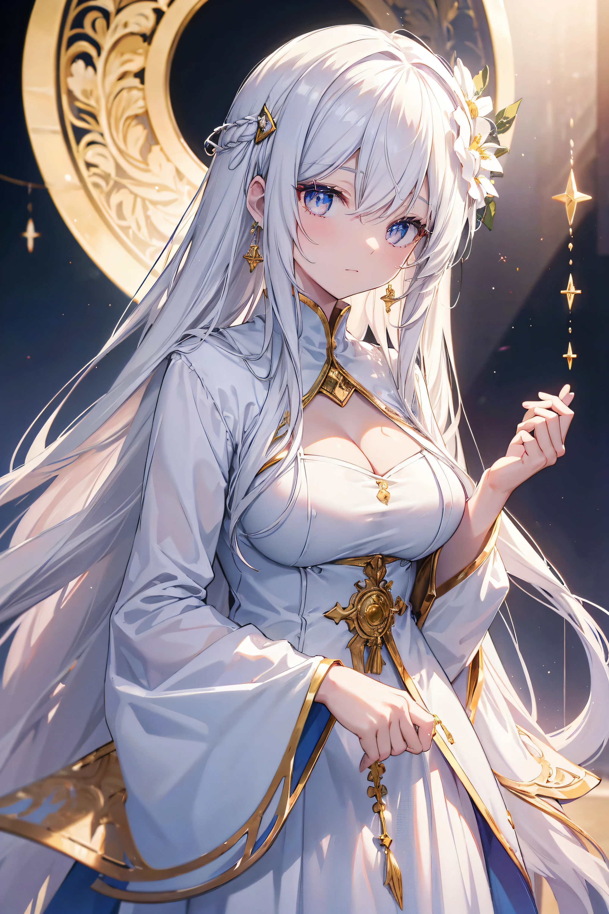 (Cheveux longs et blancs, hair over shoulder, very long hair, cheveux très épais), couleur des cheveux blancs, (beautiful detailed eyes, couleur des yeux blancs, Featured students), Sainte Vierge, clothes sainte, prier le dieu, dans un sanctuaire fantastique, halo of light, bénédiction big being, clivage, crescent earrings, floral (beautiful necklace in cuir bijou detail), (épingle à cheveux fleur de cheveux), Lens rash abuse, aberration chromatique, High detail, Anime, romantisme, op art, profondeur de champ, Flou de mouvement, glowing light, grain du film, UHD, retina, Precise, Masterpiece, anatomiquement correct, textured skin, super detail, High Details, High quality, award winning, Best quality, high resolucion, 16k, les mains dans le dos, je ne regarde pas l'screen