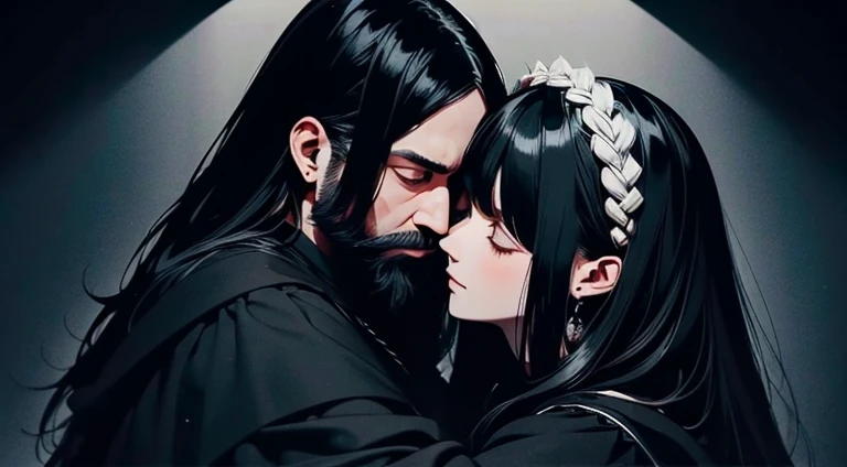 A long black haired woman wearing ivory robes hugging a white-haired man with short white beard and wearing black robes, with a long messy hair, rosto bonito, symmetrical face,good quality, kentaro miura art style, vagabond art style, 4k, high angle, inside home, perfect lighting and shadows,detailed, 4k, masterpiece.