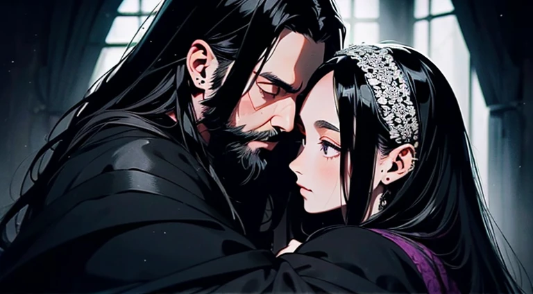 A long black haired woman wearing ivory robes hugging a white-haired man with short white beard and wearing black robes, with a long messy hair, rosto bonito, symmetrical face,good quality, kentaro miura art style, vagabond art style, 4k, high angle, inside home, perfect lighting and shadows,detailed, 4k, masterpiece.