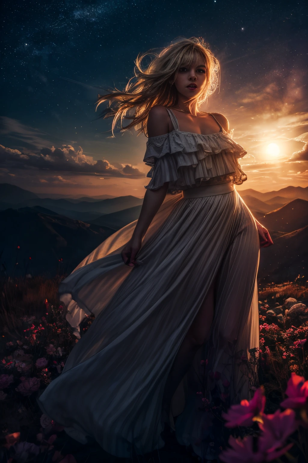 (best quality, masterpiece), 1girl, front pose, particle, wind, flower, upper body, background, looking at viewer, blonde, galaxy,backlit,rimlight