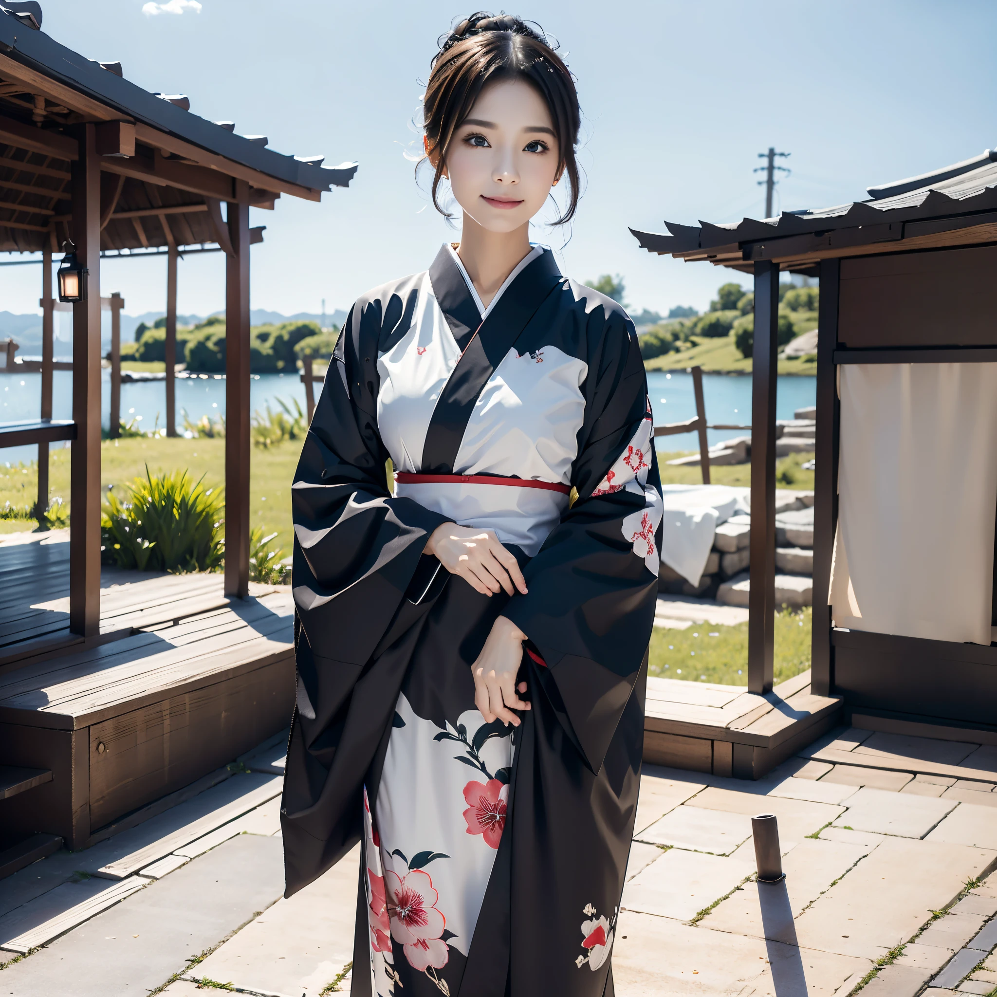 (Super beautiful woman in kimono)、((best qualtiy、8k masterpieces:1.3))、foco nítido:1.2、(ultra beautiful faces:1.0)、(shinny skin:1.0)、photos realistic、、from the front side、medium breasts、With a happy smile、Slender Abs Beauty、Whole body、wearing kimonos、