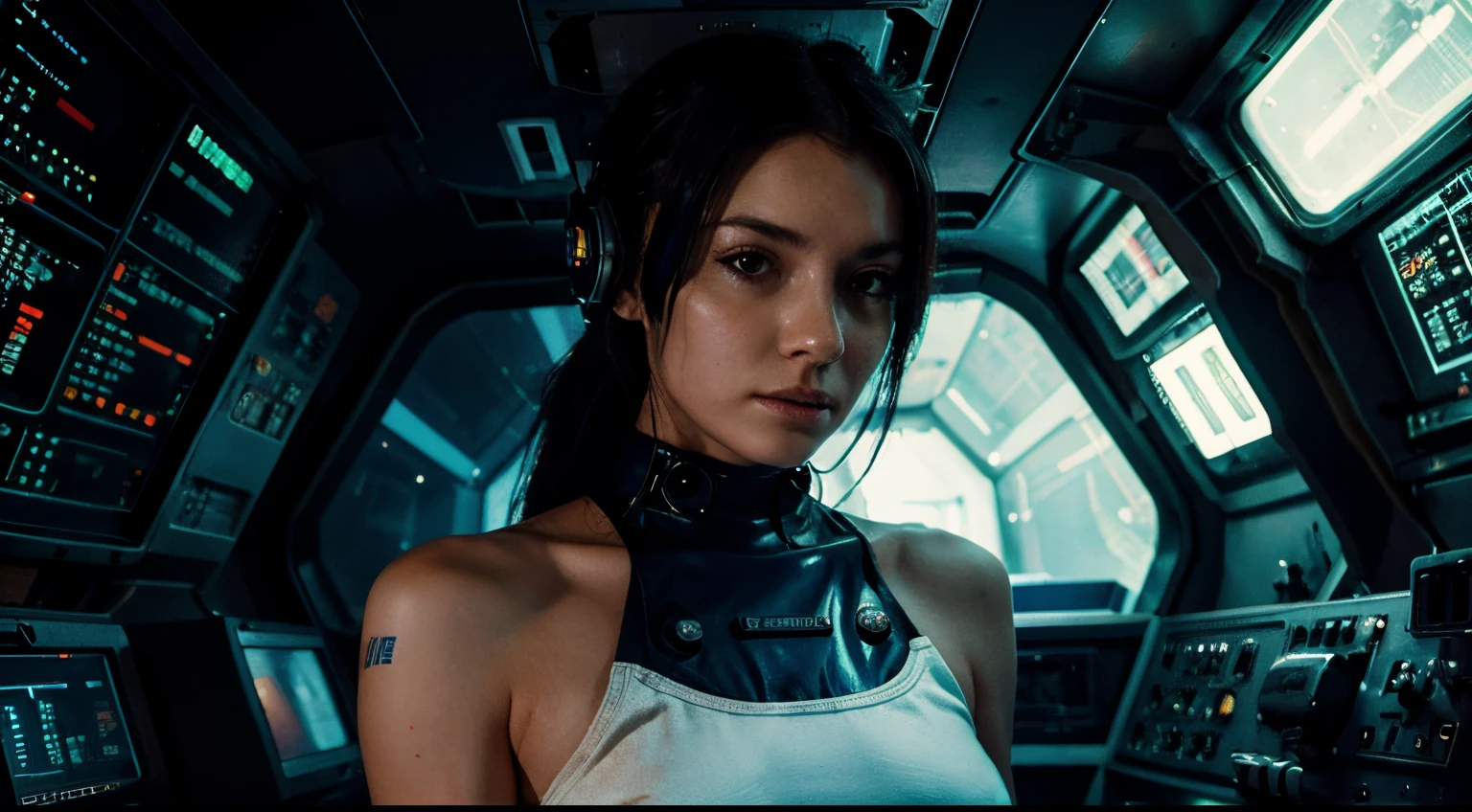 Cyberpunk, Astronaut Girl, bare shoulders, space station