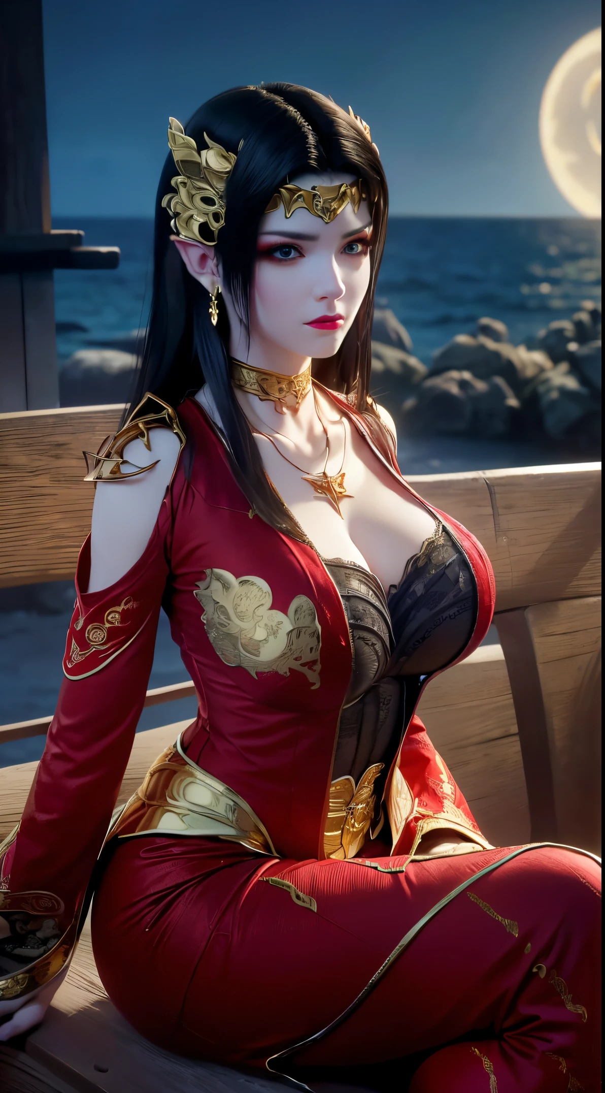 1 extremely beautiful queen, ((wearing traditional red hanfu with thin black patterns:1.6)), (((Patterns on clothes:1.6))), ((long black hair:1.6 )), elaborately crafted jewelry from precious stones and beautiful hair, (((wearing a 24k gold lace necklace:1.4))), noble, noble style of an extremely beautiful girl, very pretty face, thin eyebrows, flawless beautiful face, ((black eye pupils: 0.8)), very beautiful eyes, ((platinum blue eyes: 1 ,6)), (((wide eyes: 1,6))), beautiful makeup and detailed hairdo, eyelashes, steamy eye makeup, high nose, earrings, red lips, ((closed mouth : 1.5)) beautiful lips, slim arms, most beautiful thighs, ((arms behind and spread out to the sides: 1.5)), ((bent sitting position with chest out toward the audience and arms behind :1.6)), rosy face, clean face, flawless beautiful face, smooth white skin, (( super big and round firm breasts: 1.8)), firm breasts, beautiful cleavage, beautiful breasts , perfect body, back arms, open chest, black sheer fishnet stockings with black lace trim, 8k photo, super high quality, super realistic, super 10 x pixel, optical, bright studio, bright edges, lighting two-tone, (high detail skin: 1.2), ultra 8k, soft light, high quality, volumetric light, optical, optical high resolution, light, best shot, quality 4k, 8k, blur effect, smooth sharpness, 10 x pixels, ((sea and moonlight in night background: 1.5)), aurora, lightning, hyper-realistic graphics, most realistic graphics, 1 girl, alone, solo, Extremely sharp, surreal image, (((frontal portrait: 1)))."