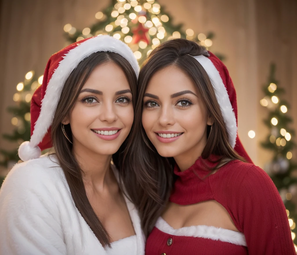 Isabela Merced and friend, smiling, big breasts, bob cut hair, santa hat, winter clothes, (skin texture:1.1), (high detail face:1.1), high detail body, high detail clotheasterpiece), (realistic), ultra high definition, 4k, ultra high resolution