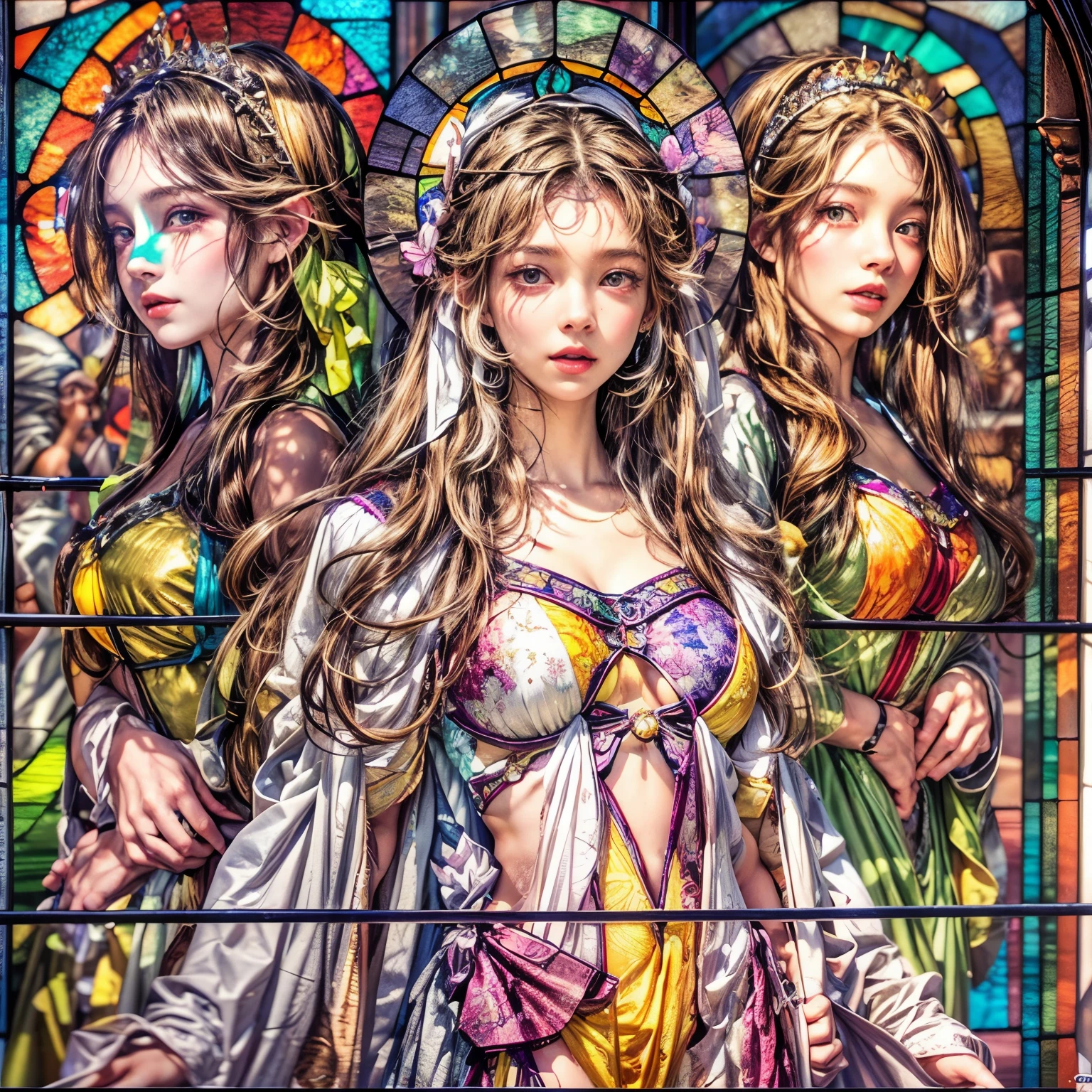 (stained glass Background, Masterpiece, White and vivid colors, (Exposed:1.2), (nipple:-0.9)), (9 sexy junior idols in row), ((face variations, Hair variations)), { Navel | Ass }, portrayed in the best quality and high resolution. The image should be ultra-detailed, realistic, and photorealistic with a touch of rawness. Strange wear. concept art. The color tone should be vibrant and vivid, enhancing the overall visual impact. (Whole Body proportions and all limbs are anatomically accurate), (Vivid Colorful light shines through the delicate stained glass).