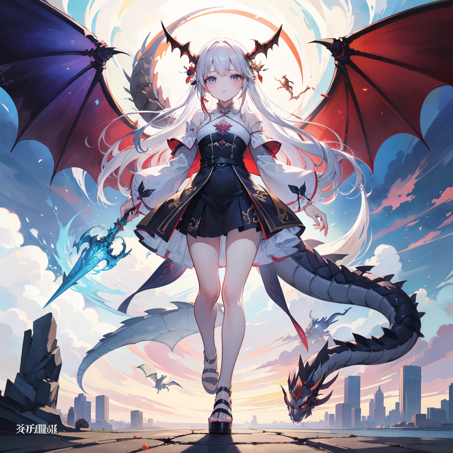 1girll、Dragon、Red eyes、Sharp eye light、Student uniform、ssmile、White hair、Dragon wings、Dragon's horn、Dragon's tail,1girll、Dragon、Red eyes、Sharp eye light、Student uniform、ssmile、White hair、Dragon wings、Dragon's horn、Dragon's tail,