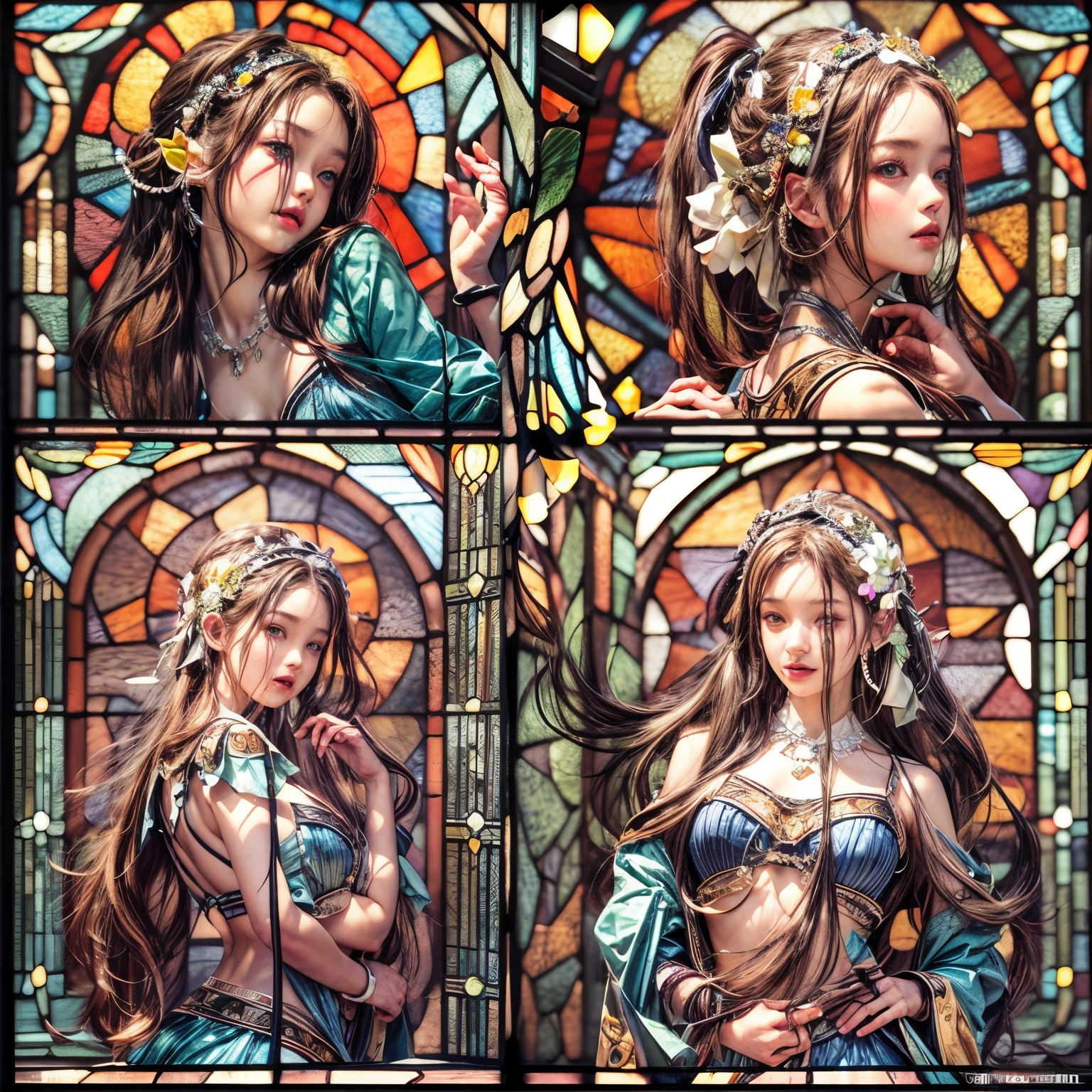 (stained glass Background, Masterpiece, White and vivid colors, (Exposed:1.2), (nipple:-0.9)), (9 sexy junior idols in row), ((face variations, Hair variations)), { Navel | Ass }, portrayed in the best quality and high resolution. The image should be ultra-detailed, realistic, and photorealistic with a touch of rawness. Strange wear. concept art. The color tone should be vibrant and vivid, enhancing the overall visual impact. (Whole Body proportions and all limbs are anatomically accurate), (Vivid Colorful light shines through the delicate stained glass).