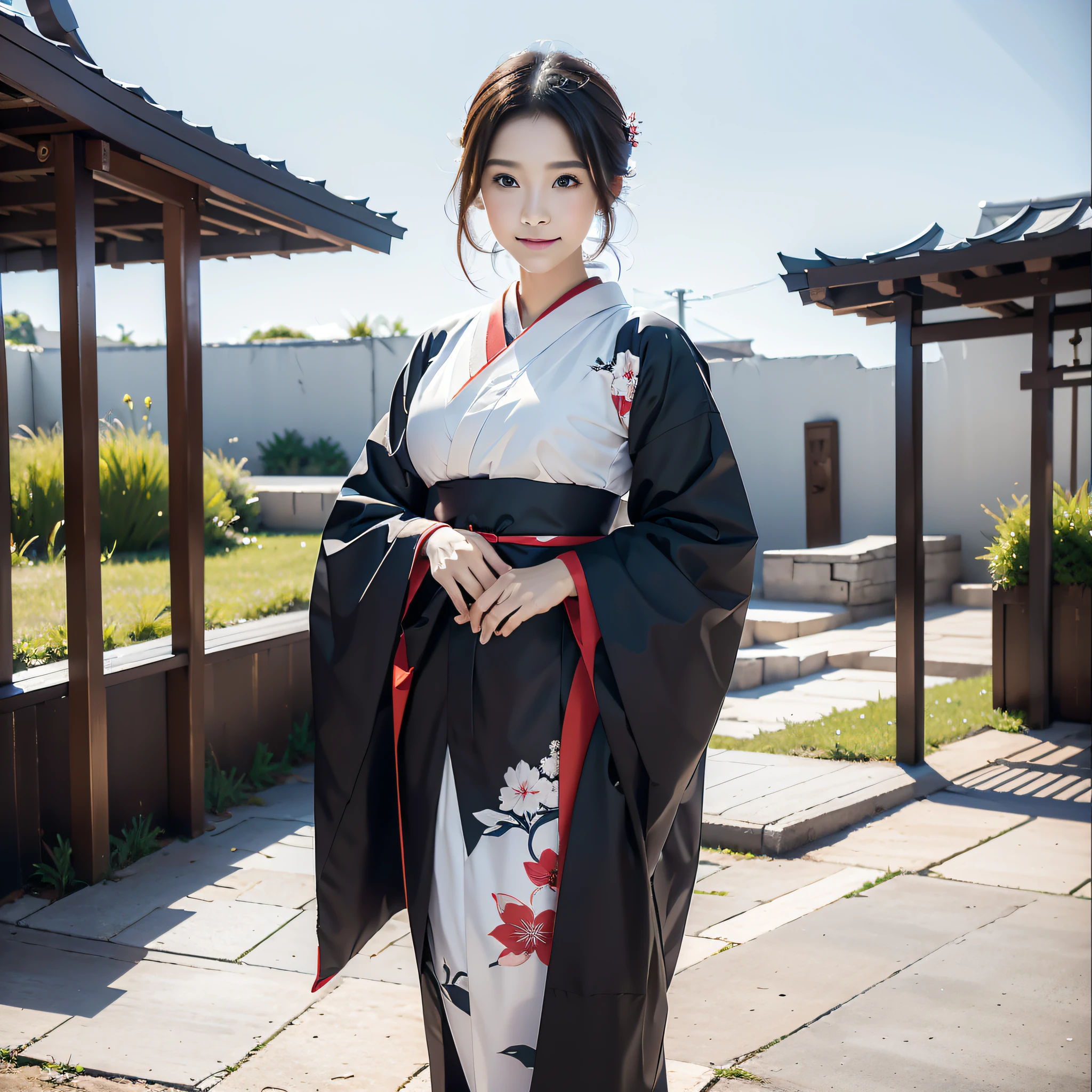 (Super beautiful woman in kimono)、((best qualtiy、8k masterpieces:1.3))、White kimono、foco nítido:1.2、(ultra beautiful faces:1.0)、(shinny skin:1.0)、photos realistic、、from the front side、medium breasts、With a happy smile、Slender Abs Beauty、Whole body、wearing kimonos、