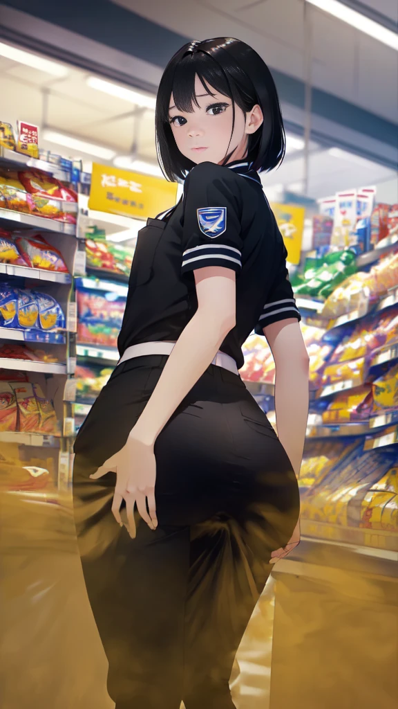 ((velocity)),Attacked by farts, (((Women farting))),(girl farting while stand)),frowned,velocity,(a female cashier at the supermarket),(wearing a cashier uniform),(((facing here),(her butt facing here)) (short hair black hair),(Asian woman),(supermarket cashier ),(masterpiece:1.2、top-quality)、(the Extremely Detailed CG Unity 8K Wallpapers、ultra-detailliert、Best Shadows)、(细致背景)、(The best lighting、extremely delicate and beautiful)、depth of fields、1girl in、report、upward looking gaze、