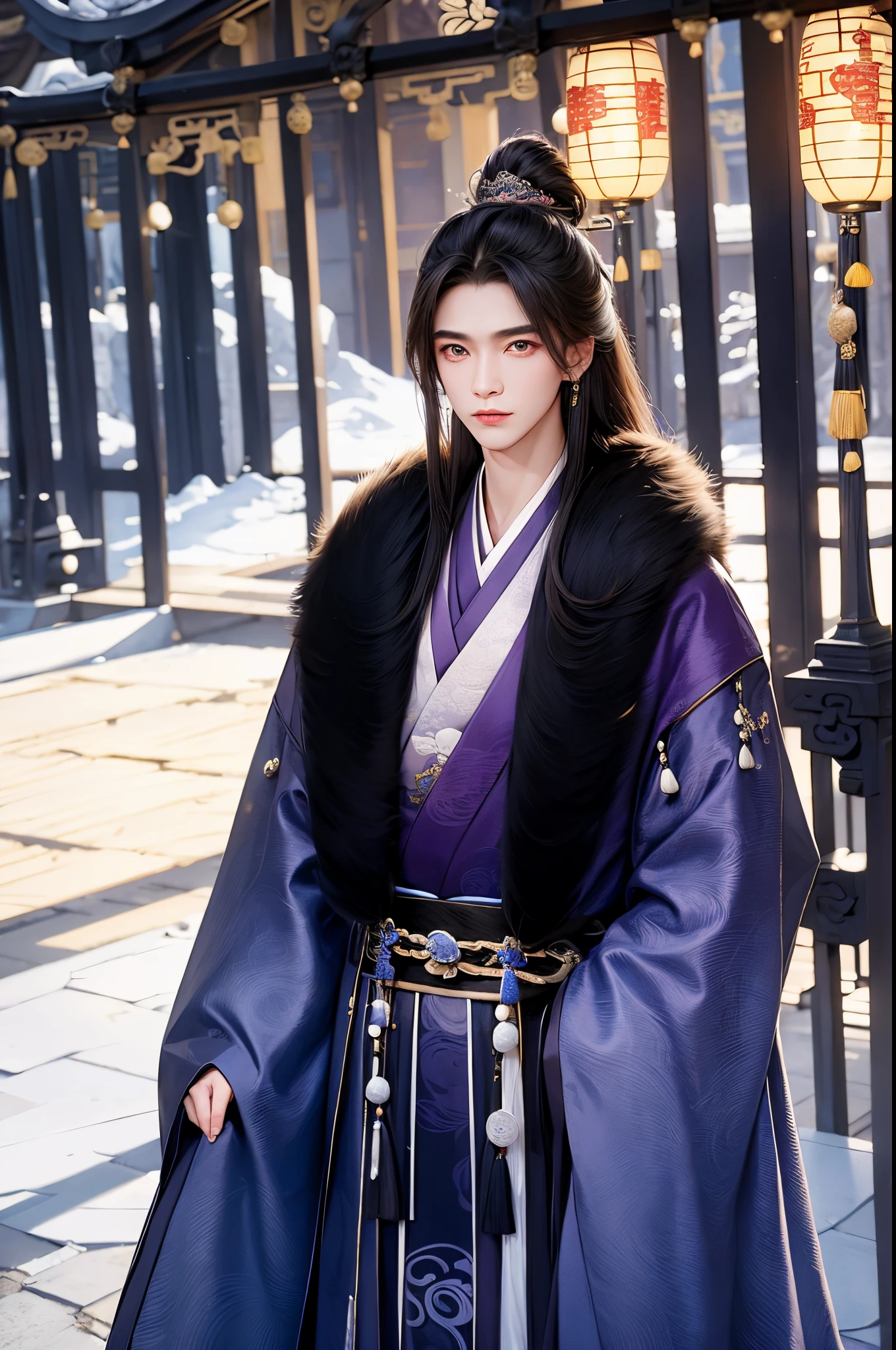 (Best quality at best,A high resolution,The image is clear:1.2),Ultra detailed backgrounds,Beautiful man standing holding sword，mesmerizing eyes，hanfu，wind blowing through，Chinese-style clothes,Purple robe，Black fur collar cloak，Garden scene,under moonlight,Asian architecture，ancient wind，waterfall man，Romantic atmosphere,，Dutch Angle Shot,gentlesoftlighting,portrait of upper body，Noble prince，Have a keen royal eye，hair adornments，