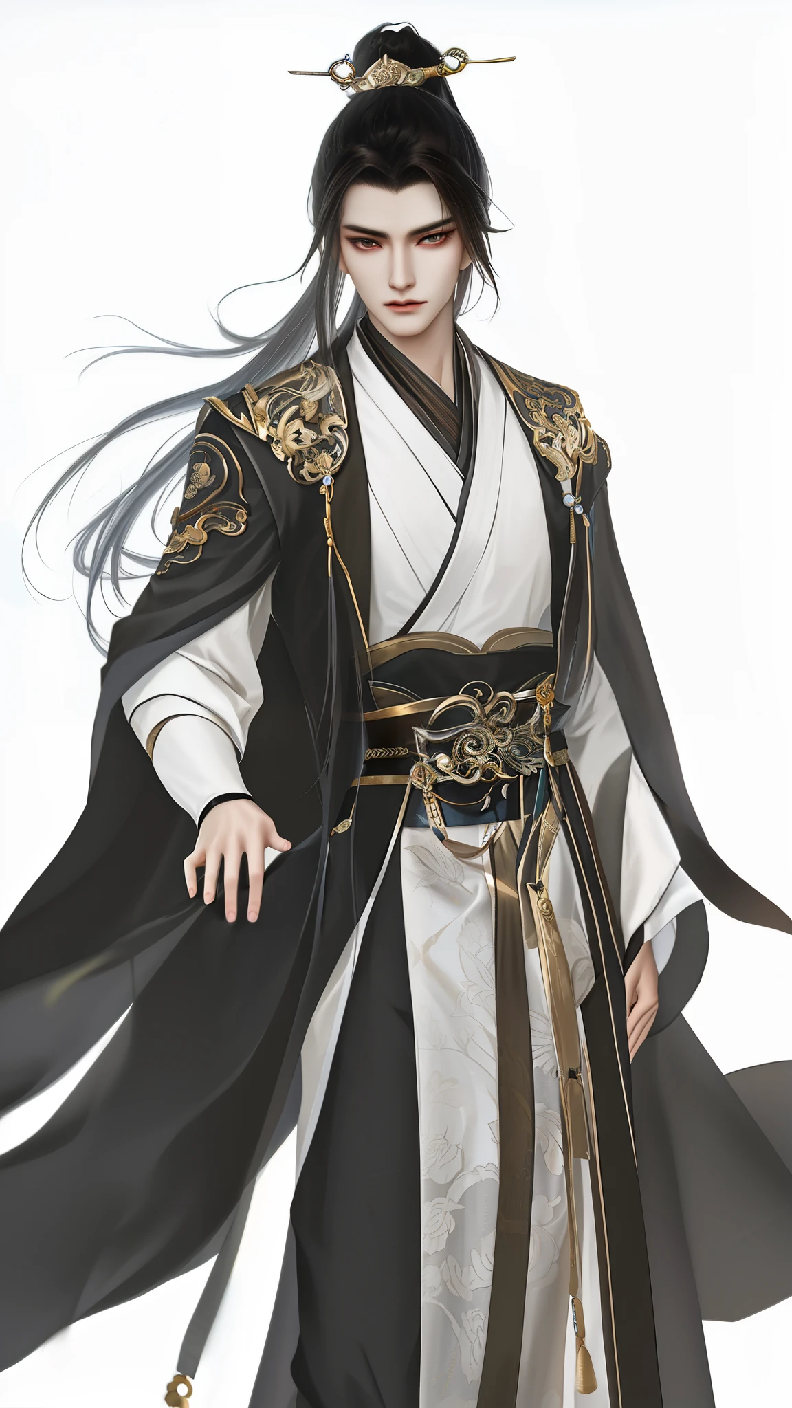 man wearing brown and white clothes, Wallpapers，high ponytails，heise jinyao, The exquisite prince, Inspired by Bian Shoumin, inspired by Guan Daosheng, full body xianxia, Beautiful prince, inspired by Zhang Han, inspired by Zhao Yuan,, flowing hair and long robes, longer sleeves，Narrow cuffs，robe，zhao yun, xianxia hero，white backgrounid，Eye focus，a sharp gaze，A high resolution，tmasterpiece，Best quality，32K,fix the hand，