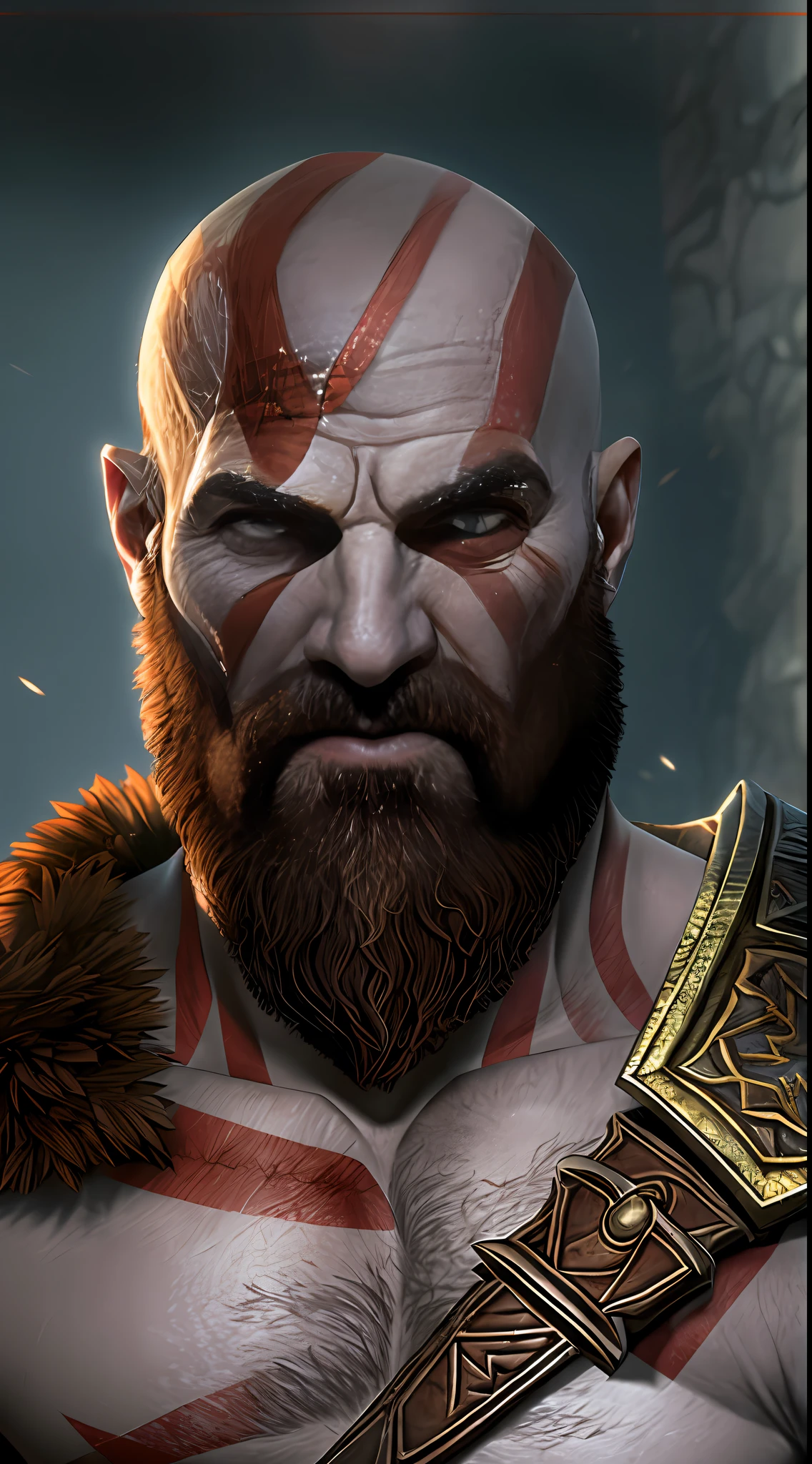kratos God of War 2005, Foto realista, perfil, careca, barbicha