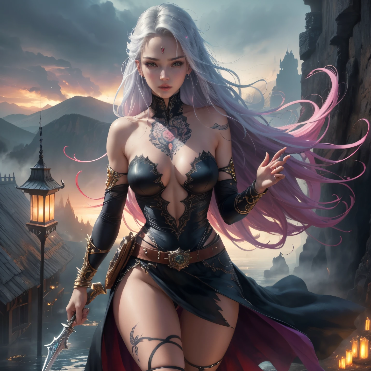 front view, (masterpiece), best quality, expressive eyes, perfect face, warrior woman, sword in left hand, half naked, steel bracelet, silver bracelet, bronze belt, exposed breasts, beautiful vagina, vagina with small soft hairs , woman with very long hair moved by the wind, night light, cloudy sky, dark clouds with lightning, mountain, castle embedded in the rock of the mountain, waterfall coming out of the castle, beautiful warrior goddess, fantasy, fog, skin wet by the sweat, blushing and panting face, provocative look, sexy pose, full female body, oriental mandala tattoos, transparent dresses, skin wet with water, stormy sky, red storm clouds, floating antique clock, waterfall, lamp, lantern, no panties , tattoos of mandalas and flowers on the naked body, majestic, feeling of depth, expressive eyes, perfect face, 8k, (Female: 1.5), elegant and flexible (athletic build: 1.5), Emerald Eyes (Vibrant: 1.5), Hair Chestnut (Vibrant: 1.5), cinematic image, intricate details, ultra-realism, viridian tones, dystopian palace, luxurious atmosphere, ultra detailed, stunning image, low aperture (F1. 2), dramatic. lighting, cinematographic composition, professional, eroticism, medieval castle embedded in the mountain, night sky, full moon, 1 girl, 18 years old, (legs open), pink lips, well lit, pretty and aesthetic: 1,2), ( 1 girl), extremely detailed, (fractal art: 1.3), colorful, most detailed, beautiful goddess, Caucasian girl with shiny silver hair, full female body, viridian toned colors, metallic colors, enamel colors, long white hair, art style wlop, sakimichan art style, NSFW, run and dodge, fighting pose, beautiful warrior woman in combat, front view, girl seen from the war front, naked woman, fighting expression, evil smile, open mouth, delicate and perfect body , digital painting, colorful, ink painting, beautiful watercolor, rea, vivid colors, por Pino Daeni, Frank Frazetta, Arte de estilo WLOP,full female body centered on scene,
