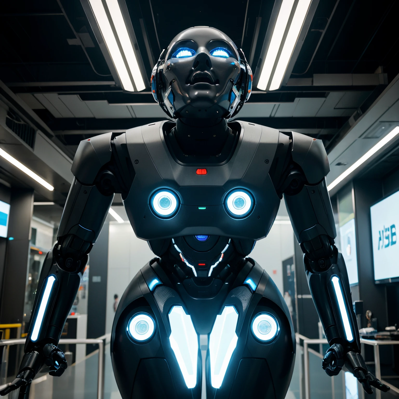 Create a futuristic place where humanity has evolved and robots with artificial intelligence live together