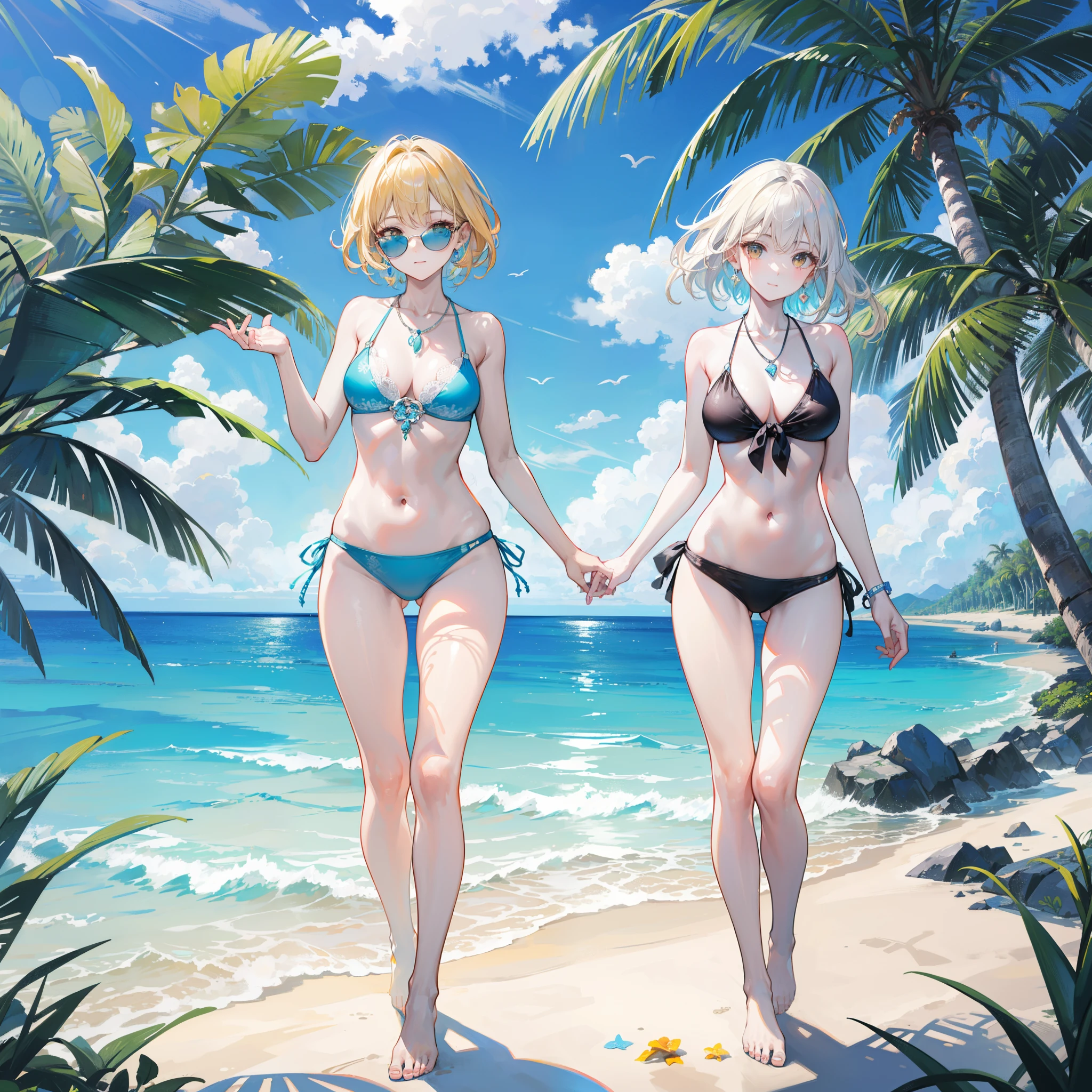 (best quality,4k,highres,masterpiece:1.2),ultra-detailed,realistic,tropical style, blue bikini, beach towel around her, short blond hair, wearing sunglasses, beautiful hands,lush vegetation,beautiful seashells,soft sandy shore,gentle ocean waves,joyful expression,sparkling brown eyes,endless horizon,warm sunlight,relaxing atmosphere,salty sea breeze,slender figure,confident stride,swaying palm trees,delicate necklace,dangling earrings,serene background noise of seagulls calling,crystal-clear water,melodic sound of waves crashing,perfectly pedicured toes,subtle shimmer on her skin,playful flirtatiousness,delightful summer vibes,vibrant colors of nature,tropical paradise,artistic water reflections. walking towards you