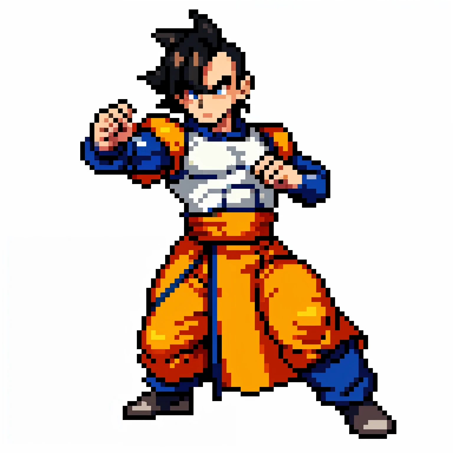 Pixel art, full body image of one adult saiyan Monk, in fantasy armor, standing to the right, in a fighting stance, pixel art, white background, fighting game sprite