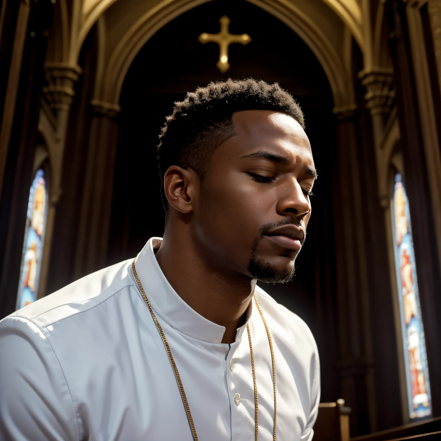 Closeup, face shot, Black man in pastor outfit, bright, Man looking piously up, closed eyes, facing towards god, top down shot, in a church, serene, prayer, christian album cover, low contrast, mostly white image
