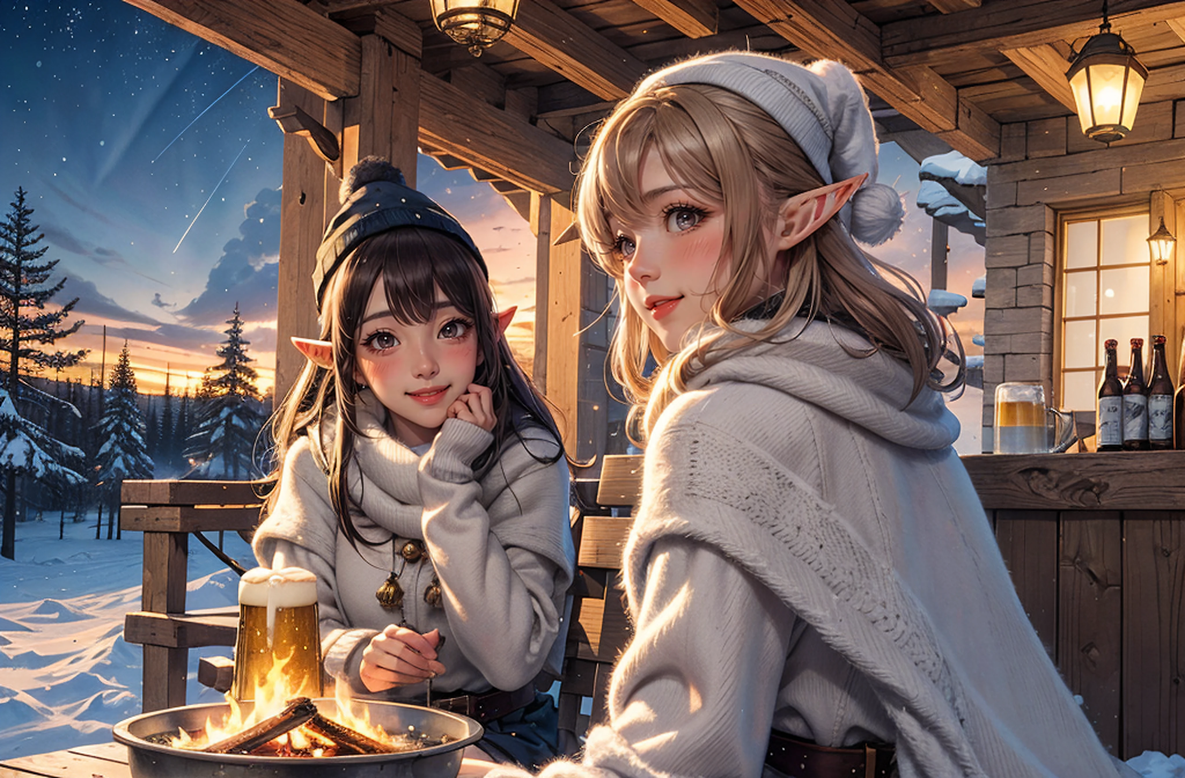 best quality, 4k, 8k, highres, masterpiece, ultra-detailed, realistic, photorealistic, photo-realistic, 2girls, elves, beer, bonfire, winter, snow, chalet, lamp, pine forest, wonderland, fantasy world, dusk
