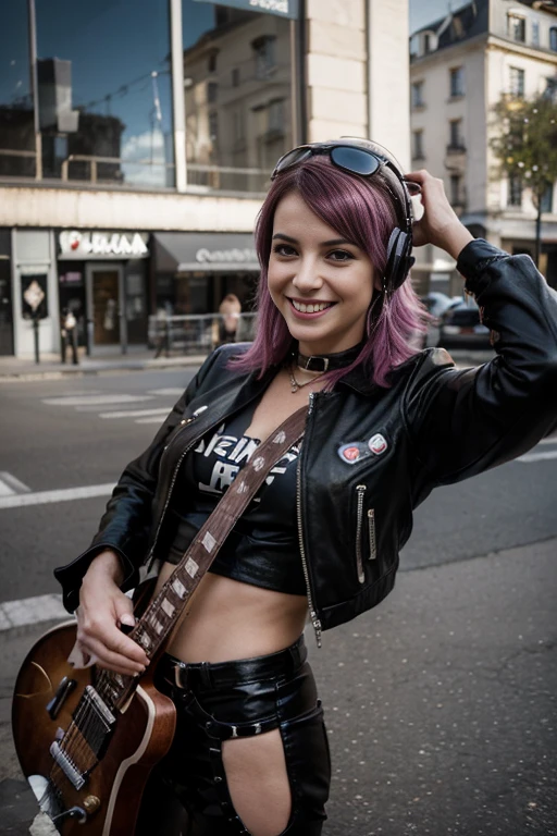 Femme of 25 years fan of rock écoute son groupe de punk préféré au casque, heureuse et souriante,