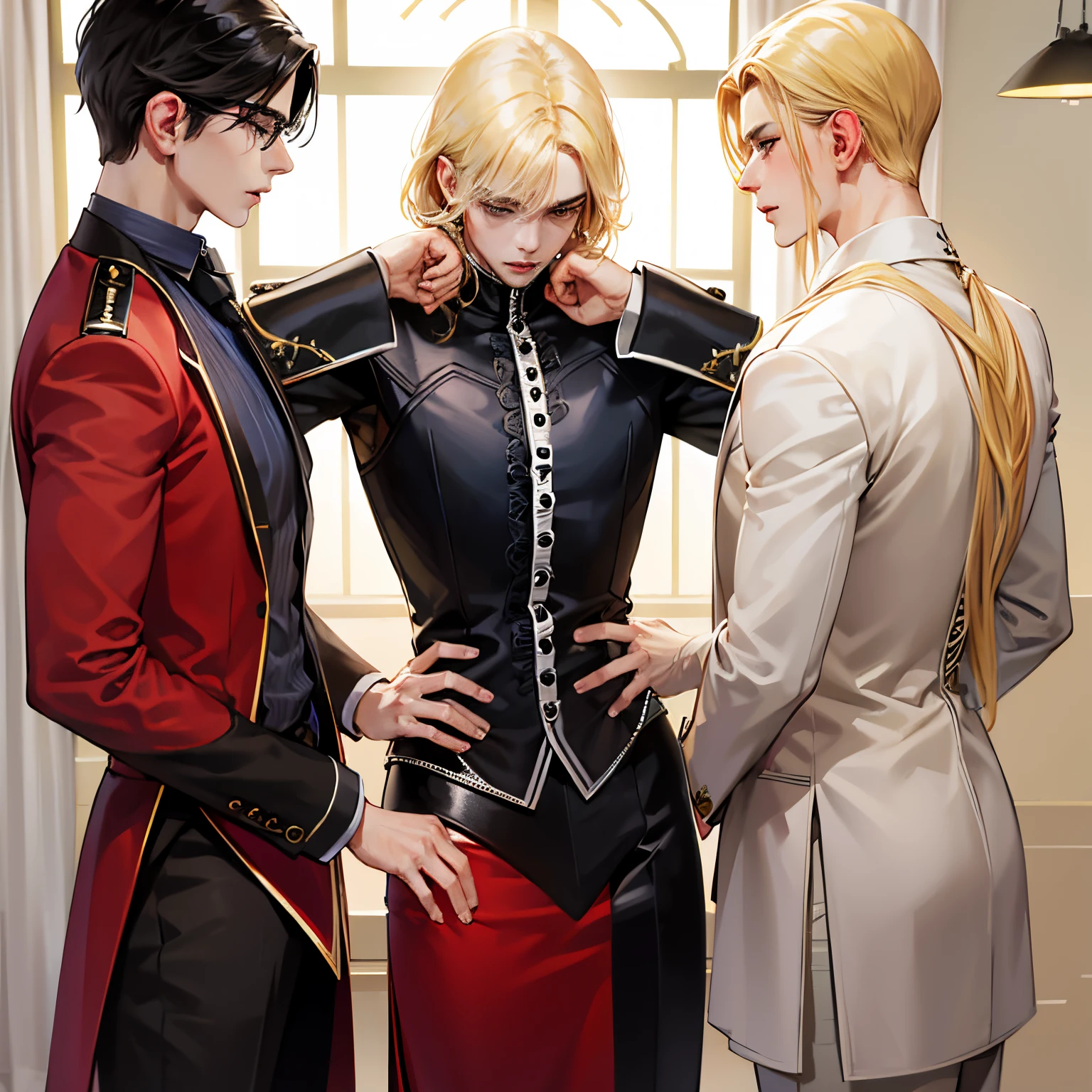 3 men. Two bratty boys- one boy with blond hair, one boy with black hair and their master who has red masculine hair