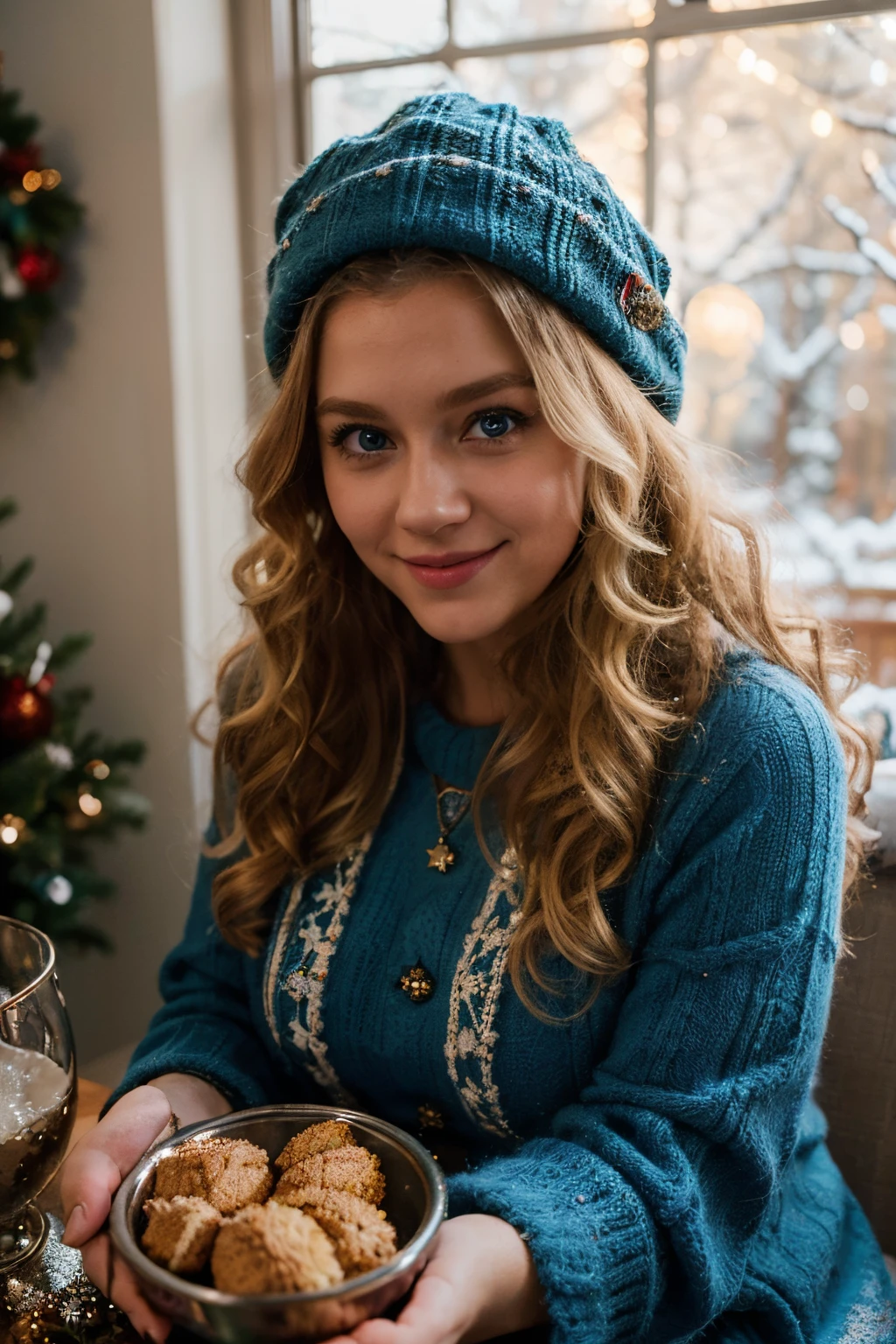 Embrace the magic of the season in a Christmas-themed home photoshoot, showcasing a blonde girl with curly hair, captivating blue eyes, and a figure dressed in cozy winter clothes; capture the festive spirit with soft lighting, carefully placed ornaments, and the girl's radiant smile,Photography, Sony A7III, 50mm f/1.8 lens,