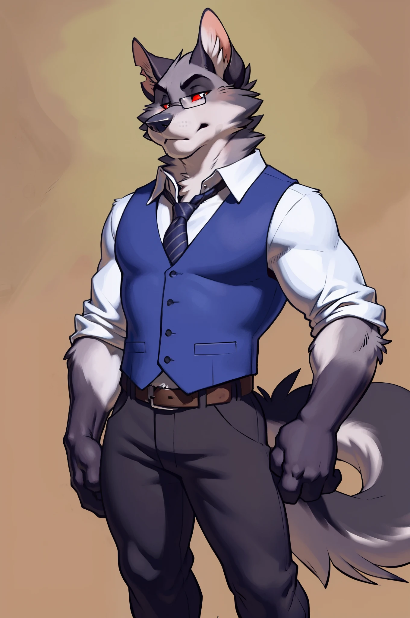 solo:1 vortex:0.8 \(helluva boss\), hellhound, skinny:1, masculine:1.2, black body, grey fur, red sclera, white eyes, male, correct anatomy, solo, digitigrade, black pupils, glasses, blue:2 vest, white collared shirt, black pants, belt, (by takemoto arashi, by meesh, by Taran Fiddler)