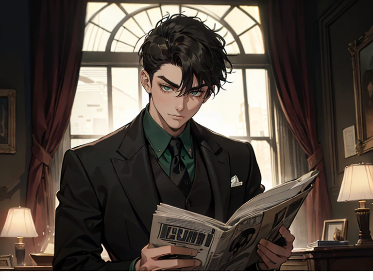 ((One young man with a black suit and tie)), gotham, alejandro, (((side swept dark short hair))), (dark green eyes and thick eyebrows), smirk, ((20 years old)), ((masterpiece)), reading a newspaper , ((cinematic lighting)),