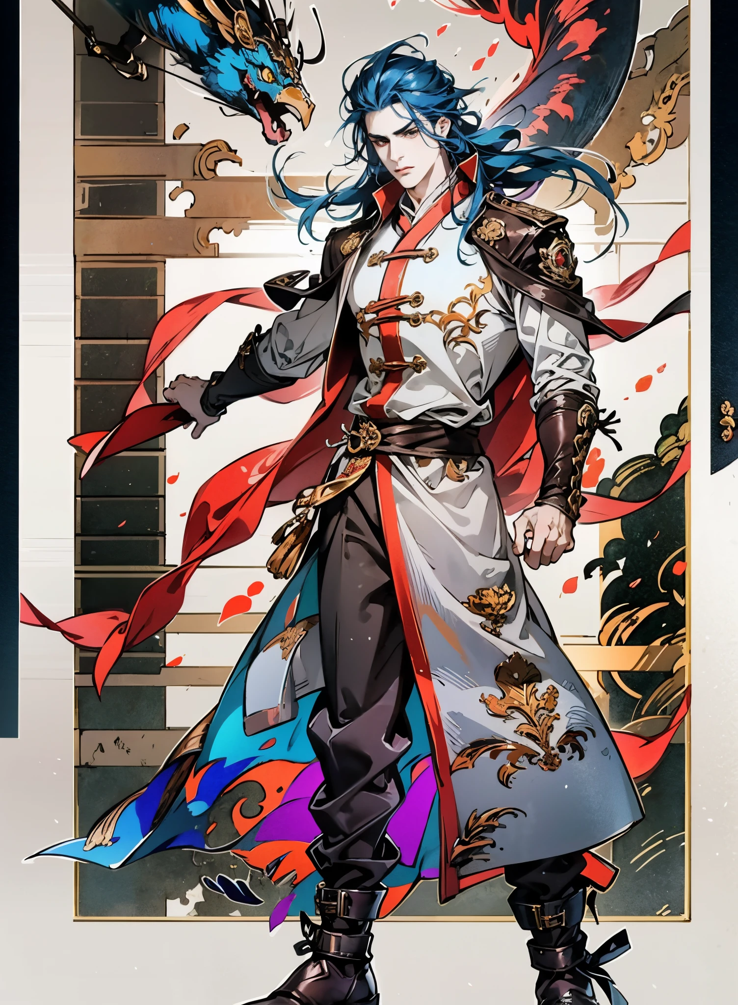 A young man with long slate-blue hair, disheveled and flying hair, sharp gaze, a resolute countenance, he has a mixed West Asian and Eastern European appearance, a fantasy wuxia-style tight-fitting trench coat robe, with a flowing hem, the color scheme is mainly white, with red and white-blue as secondary colors, dark trousers, thick cloth boots, he stands in a majestic posture, while the surrounding space shatters and ruptures with energy, this character embodies a finely crafted fantasy-style Chinese martial anime style, characterized by an exquisite and mature manga illustration art style, high definition, best quality, highres, ultra-detailed, ultra-fine painting, extremely delicate, professional, anatomically correct, symmetrical face, extremely detailed eyes and face, high quality eyes, creativity, RAW photo, UHD, 8k, Natural light, cinematic lighting, masterpiece:1.5