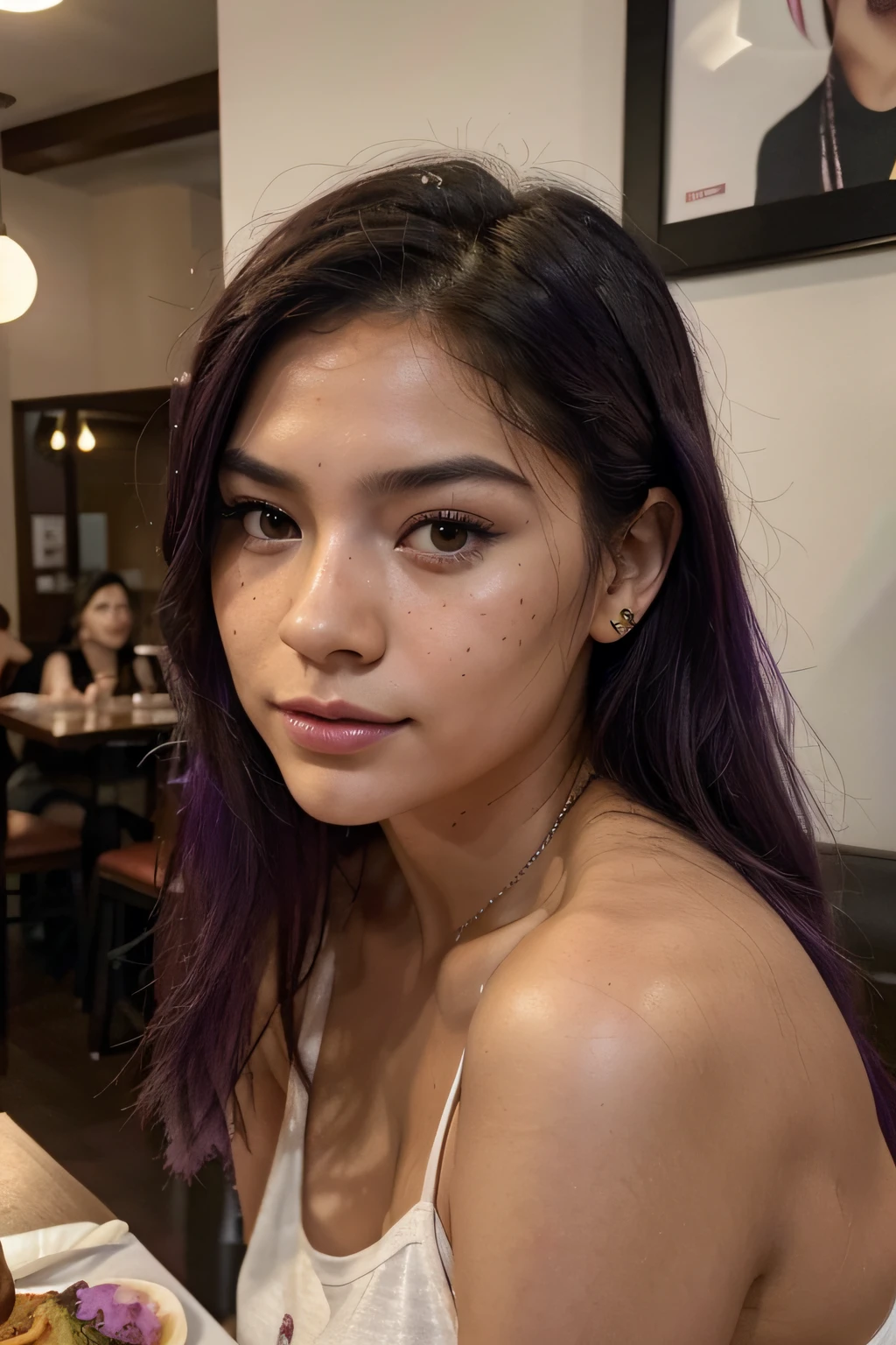 25-year-old hyper-realistic European with Asian touch girl with freckles, purple hair, mood selfie for instagram,
Ultra Definition, (photoreallistic: 1.4), 8k, calidad premier, fondos detallados, cara delicada, maquillaje
natural, foto raw, iphone, HDR, Coqueteando con el espectador, en un restaurante, con ropa, ultra realistic
photo like, insta model, natural skin with pores, general natural flaws, with septum piercing.