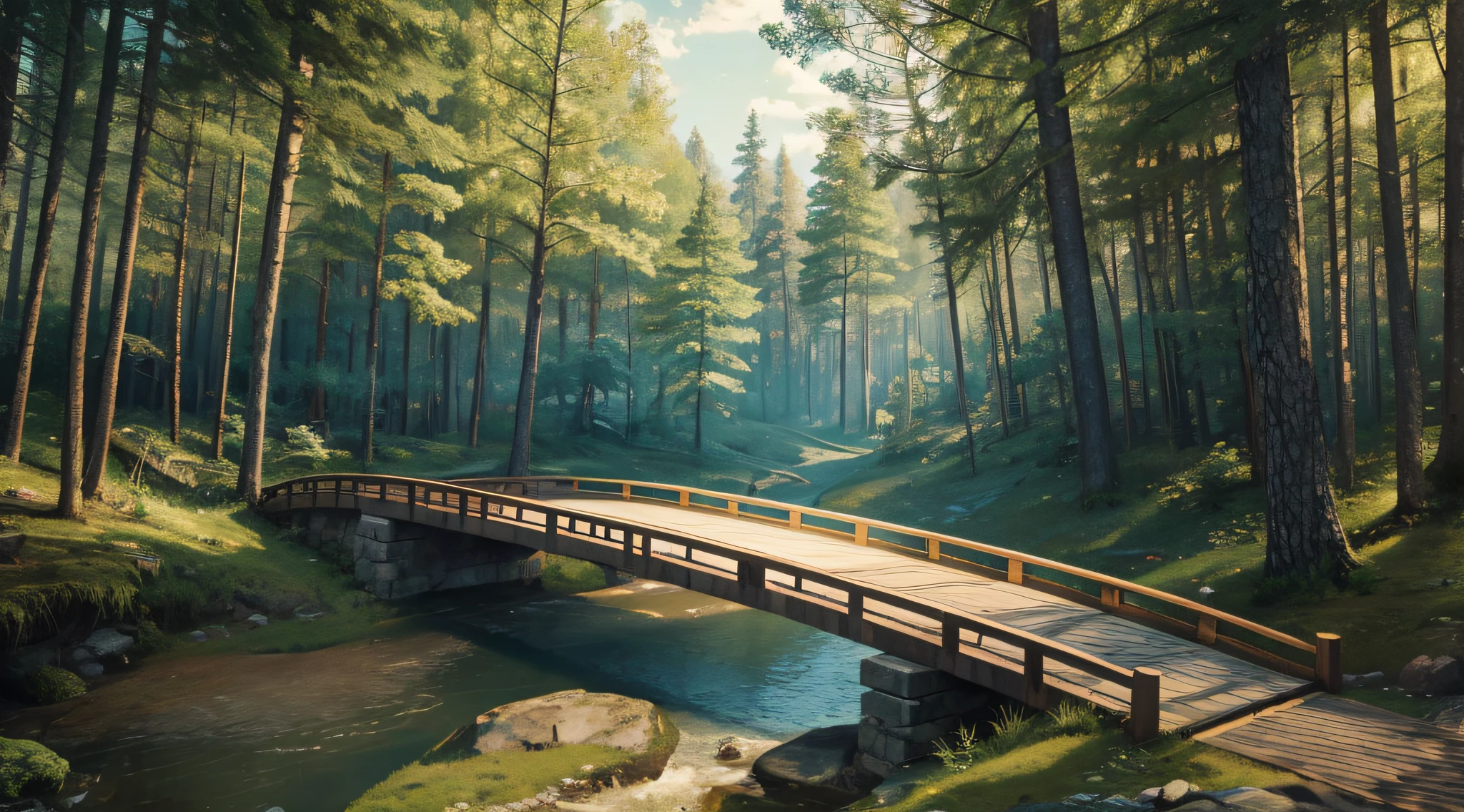cartoon image bridge connecting two forest scene near the bridge, high resolution, 8k, vivid contrasting color, paper art, 3d rendering