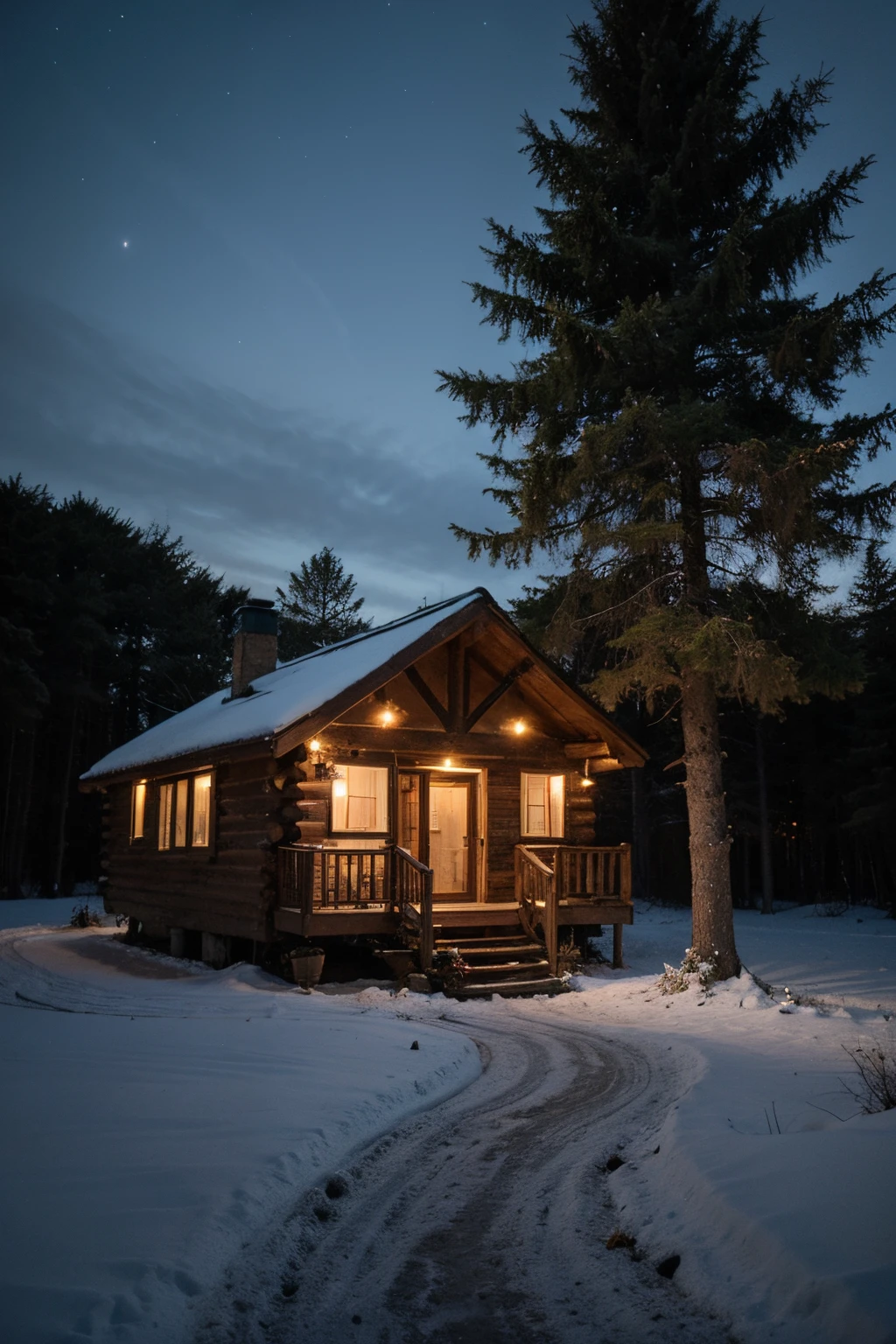 ((best quality)), cabin in the forest. nocturnal. seen from the outside. Christmas tree inside. realist.
