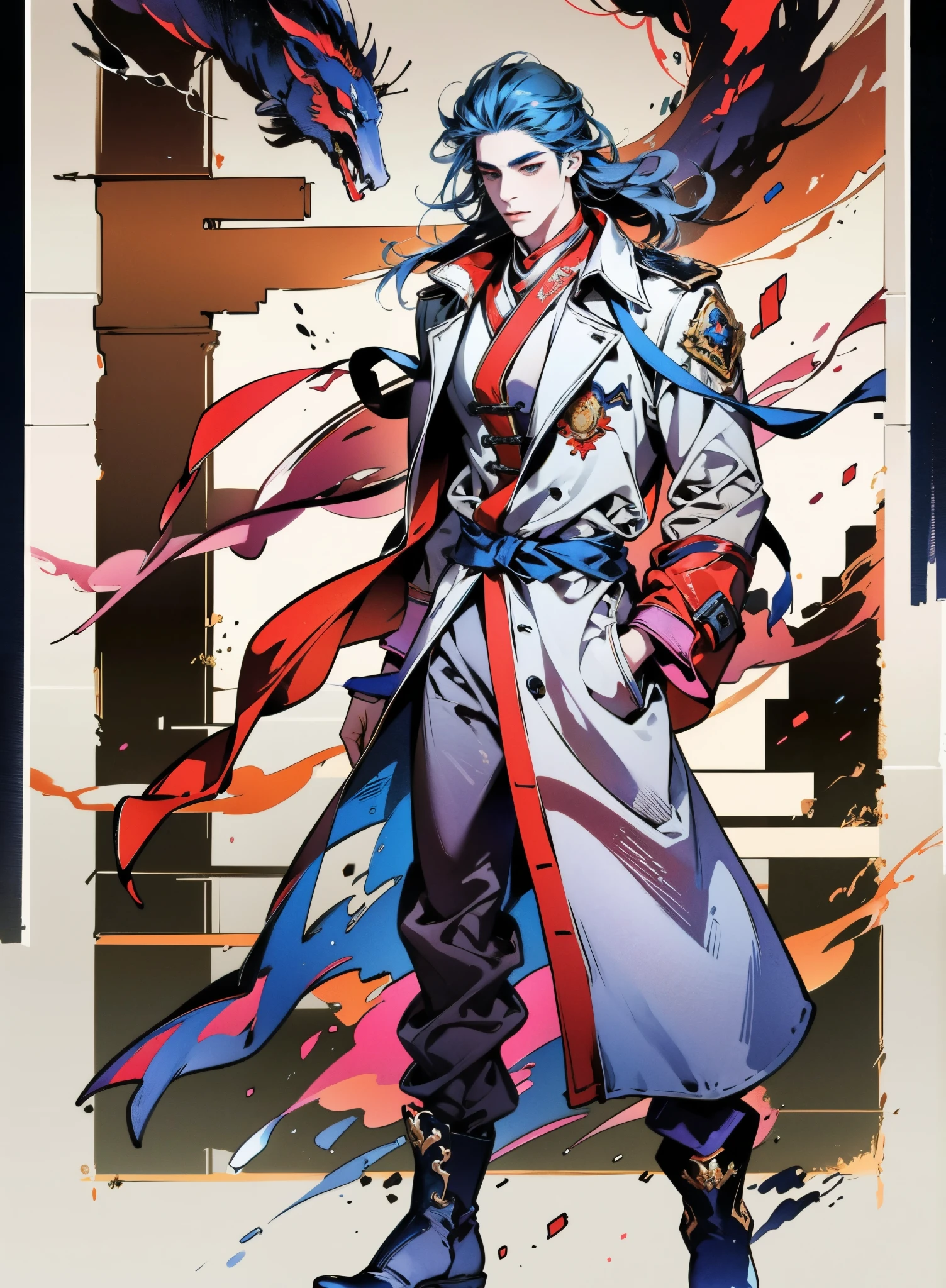 A young man with long slate-blue hair, disheveled and flying hair, sharp gaze, a resolute countenance, he has a mixed West Asian and Eastern European appearance, a fantasy wuxia-style tight-fitting trench coat robe, with a flowing hem, the color scheme is mainly white, with red and white-blue as secondary colors, dark trousers, thick cloth boots, he stands in a majestic posture, while the surrounding space shatters and ruptures with energy, this character embodies a finely crafted fantasy-style Chinese martial  anime style, characterized by an exquisite and mature manga illustration art style, high definition, best quality, highres, ultra-detailed, ultra-fine painting, extremely delicate, professional, anatomically correct, symmetrical face, extremely detailed eyes and face, high quality eyes, creativity, RAW photo, UHD, 8k, Natural light, cinematic lighting, masterpiece:1.5
