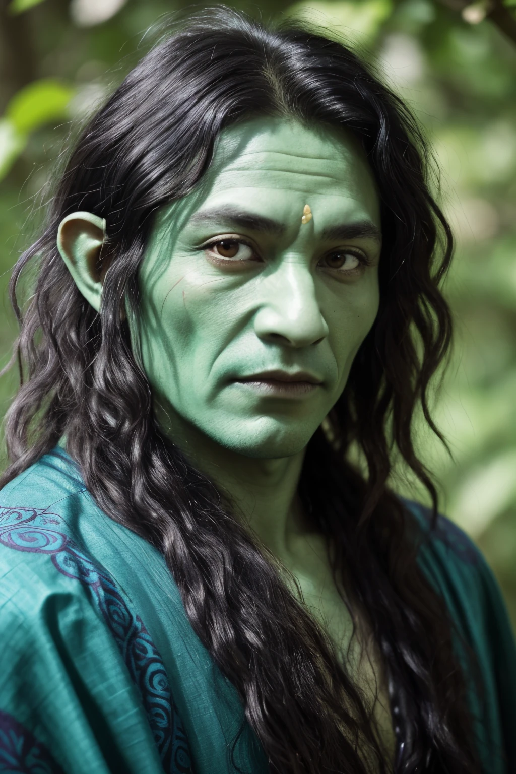A man, male, middle aged, druid goblin with vibrant teal green skin, adorned in intricate leaf-patterned robes. Their sharp, keen eyes gleam with nature's wisdom, and their dyed black hair flows freely, adding a touch of wildness to their appearance. close up portrait.