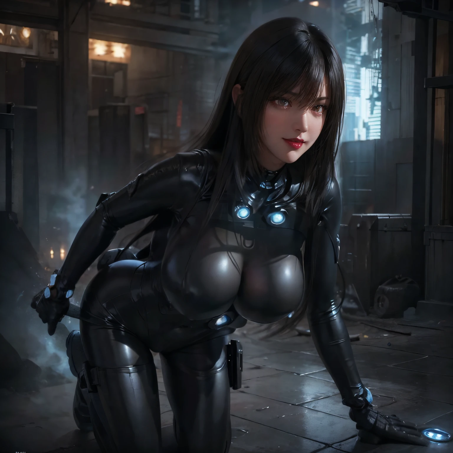 (masterpiece:1.1, Best Quality:1.1, 16K HDR, High resolution), (1girl in, Solo), (GANTZ&#39;s Reika Shimodaira&#39;s ultra-realistic portrait),  (Black hair, Long hair), (Latex bodysuit, realistic gantz suit, Detailed Gantz Suit, Black Suit), long boots, (ultra gigantic tits, Inside an abandoned building, Dark atmosphere), (Perfect slim body), hyper derailed face, Detailed eyes, Realistic skin texture, (((flashing tits))),