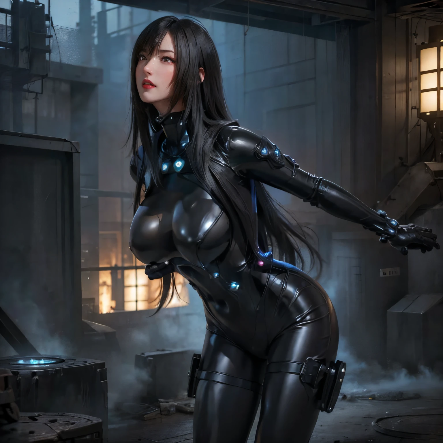 (masterpiece:1.1, Best Quality:1.1, 16K HDR, High resolution), (1girl in, Solo), (GANTZ&#39;s Reika Shimodaira&#39;s ultra-realistic portrait),  (Black hair, Long hair), (Latex bodysuit, realistic gantz suit, Detailed Gantz Suit, Black Suit), long boots, (ultra gigantic tits, Inside an abandoned building, Dark atmosphere), (Perfect slim body), hyper derailed face, Detailed eyes, Realistic skin texture, (((flashing tits))),