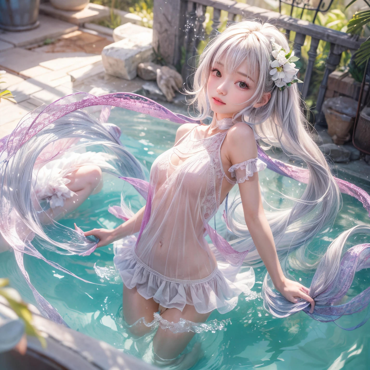 (masterpiece:1.28, Acutance, RAW, Realistic, 真实感: 1.37), realisticlying, softlighting. ( Tiny Girls jumping into the pool:1.2 )、{ Falling | splash water | shout | Luminous water surface | White and Vivid colors }, (under the mesmerizing back lighting), glistening ivory skin, sparkling highlights, Detailed KAWAII face with cute lips, long eyelashes, Delicate lace knitted clothes, Detailed open crotch, Whole Body proportions and all limbs are anatomically accurate . (correct limbs)