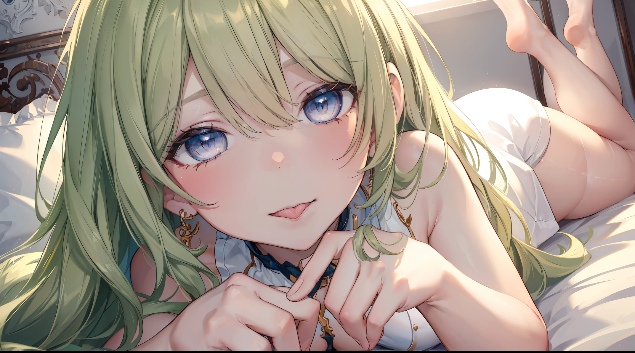 ((4k, masterpiece, top-quality)),8k, best quality, high resolution, HD, unity 8k wallpaper, (illustration:0.8), (beautiful detailed eyes:1.6), extremely detailed face, perfect lighting, extremely detailed CG, (perfect hands, perfect anatomy), super complex details, intricate details, long green hair, mouth sticking out tongue, the face is slightly red, is shy, full bodyesbian, adorable, lori small breasts, cleavage, white dresses, sitting on his knees on the bed