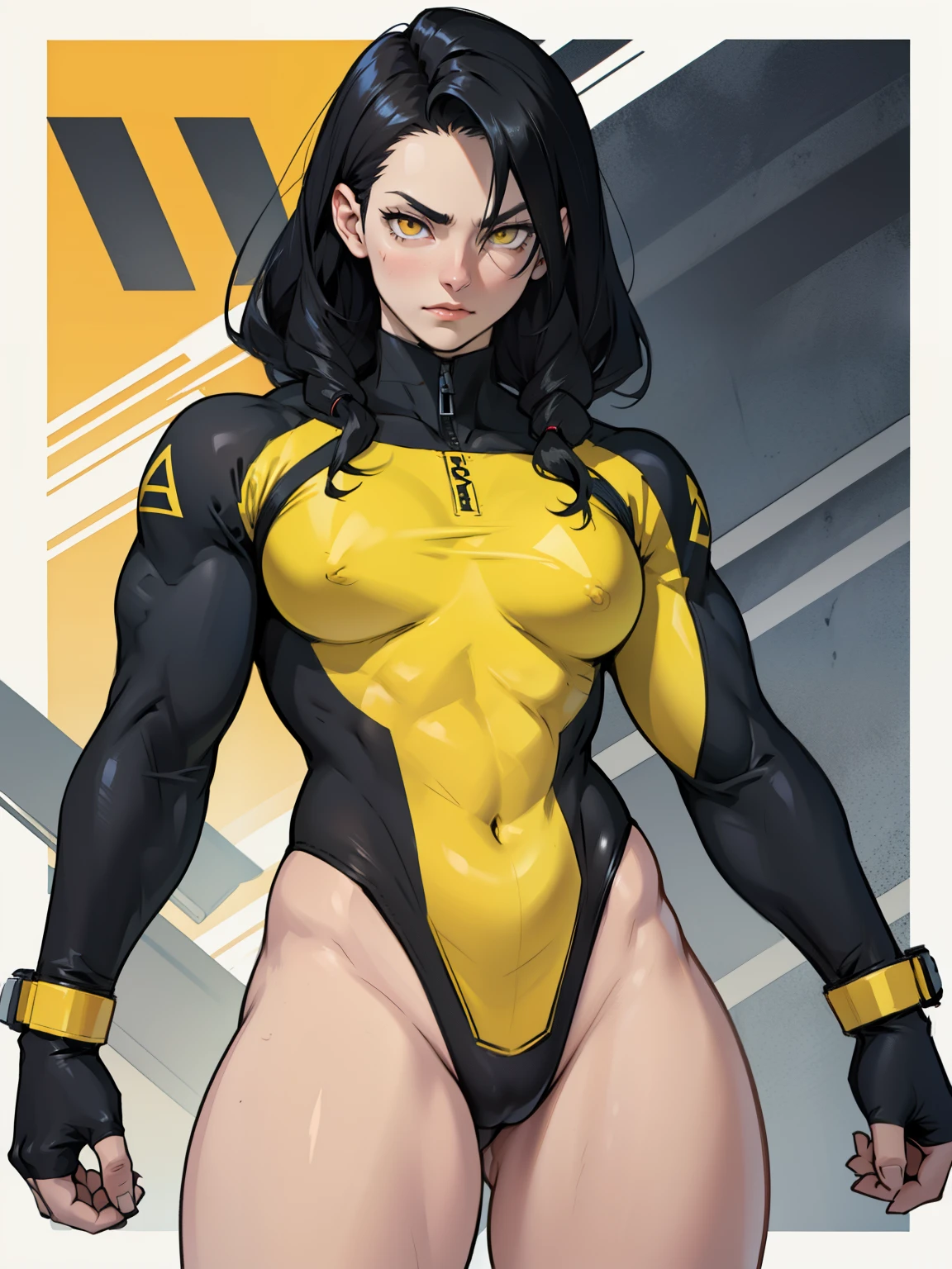 girl muscles breasts black hair yellow eyes pale skin expressionless thick toned body muscularlong sleeve leotard