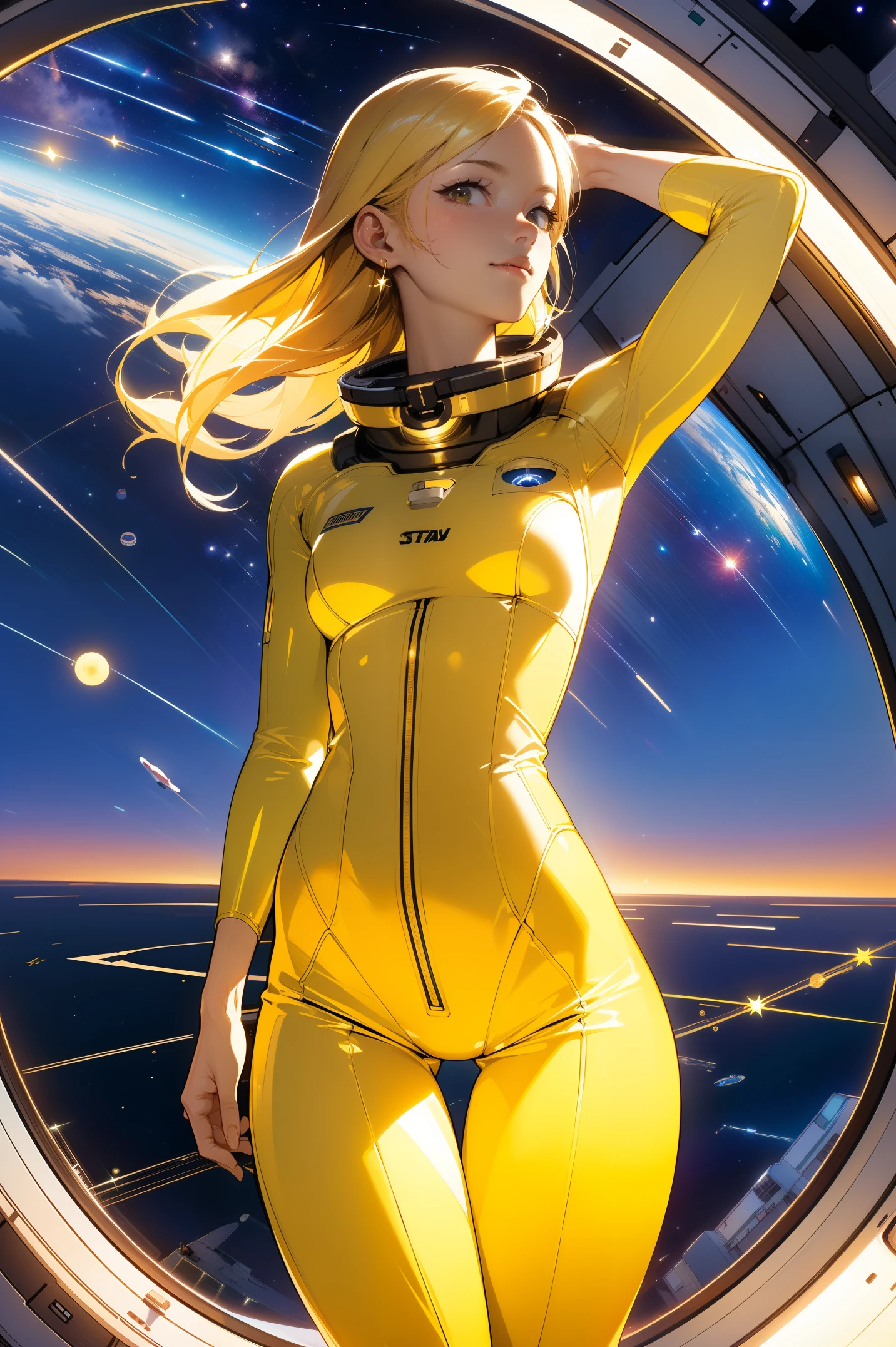 (masterpiece, best quality:1.2), (cowboy shot:1.1), solo, 1girl, mori yuki, slight smile, closed mouth, side view, looking at viewer, blonde hair, long hair, thigh gap, yellow bodysuit, skin-tight, perfect body, large window, (starship porthole:1.3), (spread legs:1.3), (standing:1.1), thigh gap,  pose, sideview, perfect hands, bright starship interior, (outer space view:1.1), (orbital view:1.3), (night, stary sky:1.5), milky way