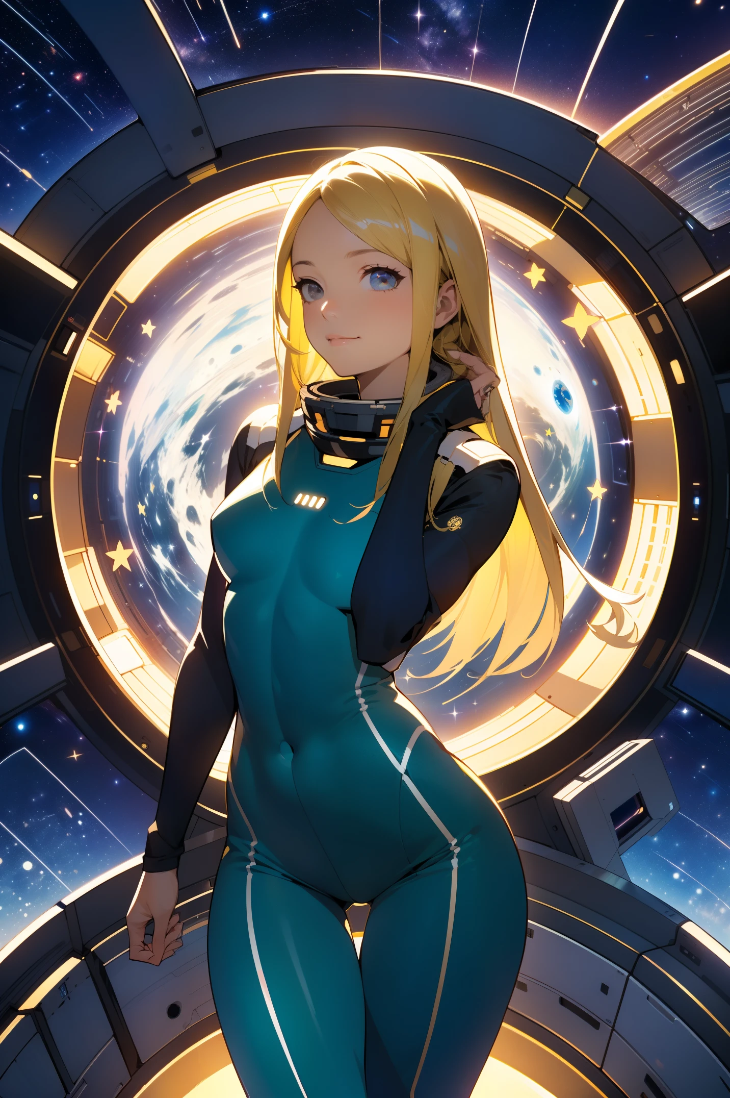 (masterpiece, best quality:1.2), (cowboy shot:1.1), solo, 1girl, mori yuki, slight smile, closed mouth, side view, looking at viewer, blonde hair, long hair, thigh gap, yellow bodysuit, skin-tight, perfect body, large window, (starship porthole:1.3), (spread legs:1.3), (standing:1.1), thigh gap, pose, sideview, perfect hands, bright starship interior, (outer space view:1.1), (orbital view:1.3), (night, stary sky:1.5), milky way