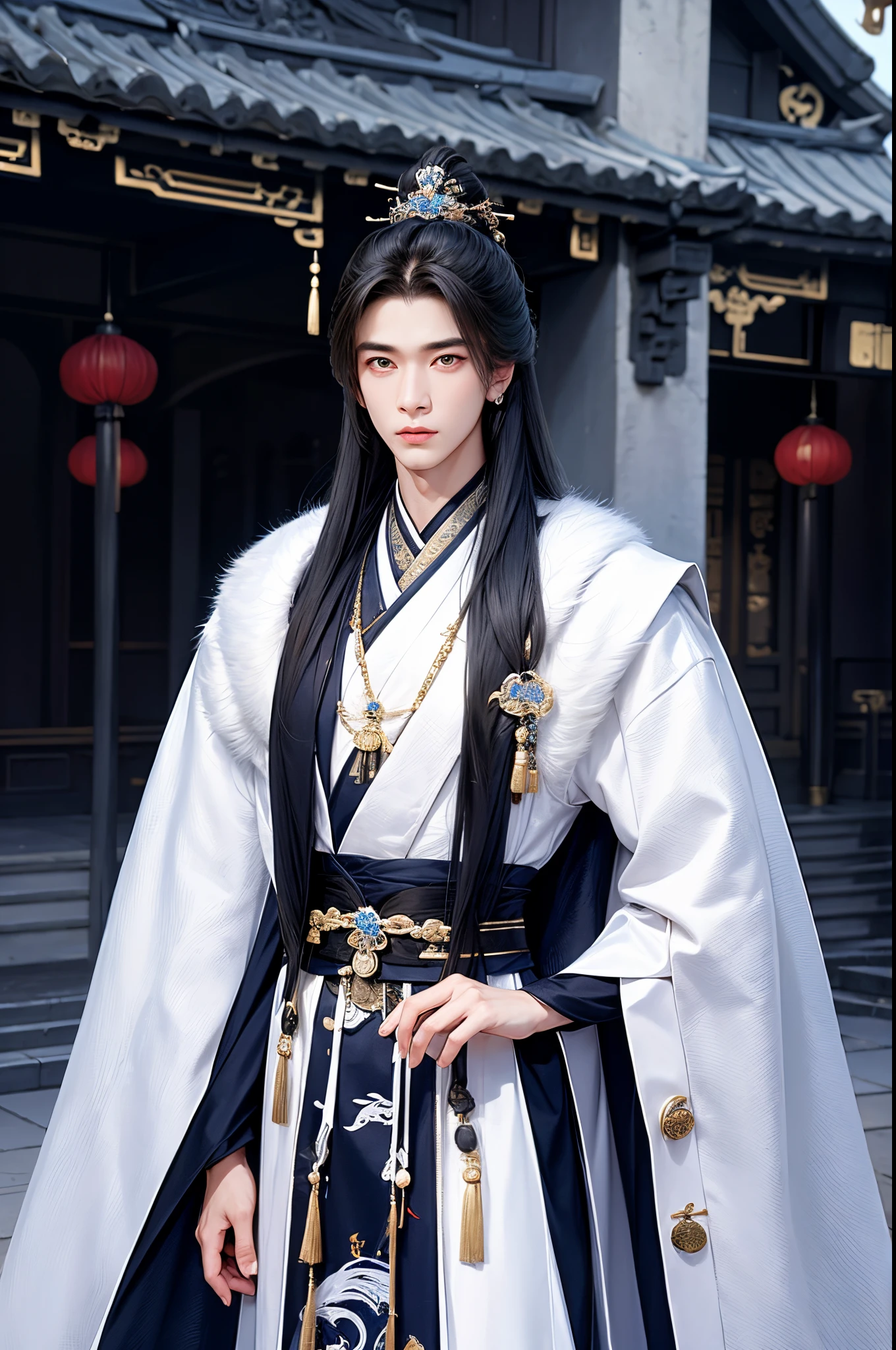 (Best quality,A high resolution,The image is clear:1.2),Ultra detailed backgrounds,Beautiful man standing holding sword，mesmerizing eyes，wind blowing through，Chinese style clothes,White robe，Large white mink collar cape（white  clothes：1.5），Garden scene,under moonlight,Asian architecture，ancient wind，waterfall man，Romantic atmosphere,，Dutch Angle Shot,gentlesoftlighting,portrait of upper body，Noble prince，Have a keen royal eye，hair adornments，