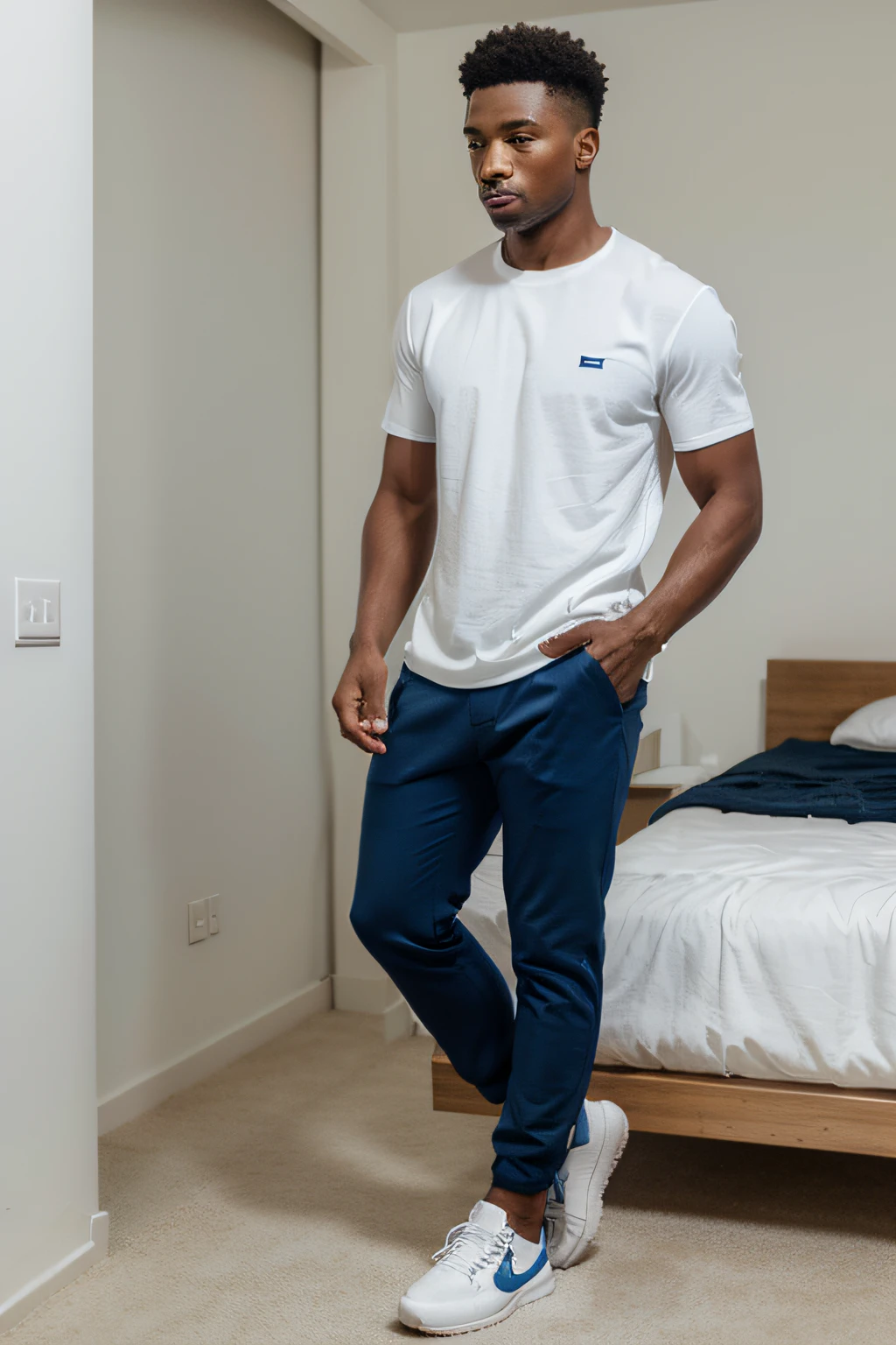 homem esbelto com pele negra alto e atletico, usando um laptop em casa, standingn, imagem profissional com roupas casuais, cabelo bem cortado raspado, roupas sob medida, blue tailored pants and white t-shirt and white nike air tennis shoes, apelo masculino alta moda, , bonito, male proportions, bonito e elegante,modelo masculino, modelo posando, bonito e atraente